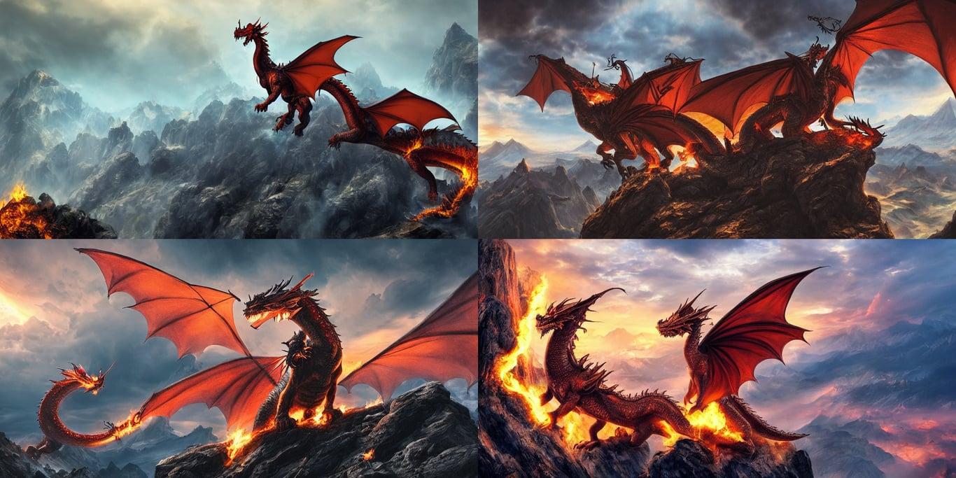 1366x683 prompthunt: A fire breathing dragon on the top of a mountain, epic composition, detailed and intricate image, cinematic