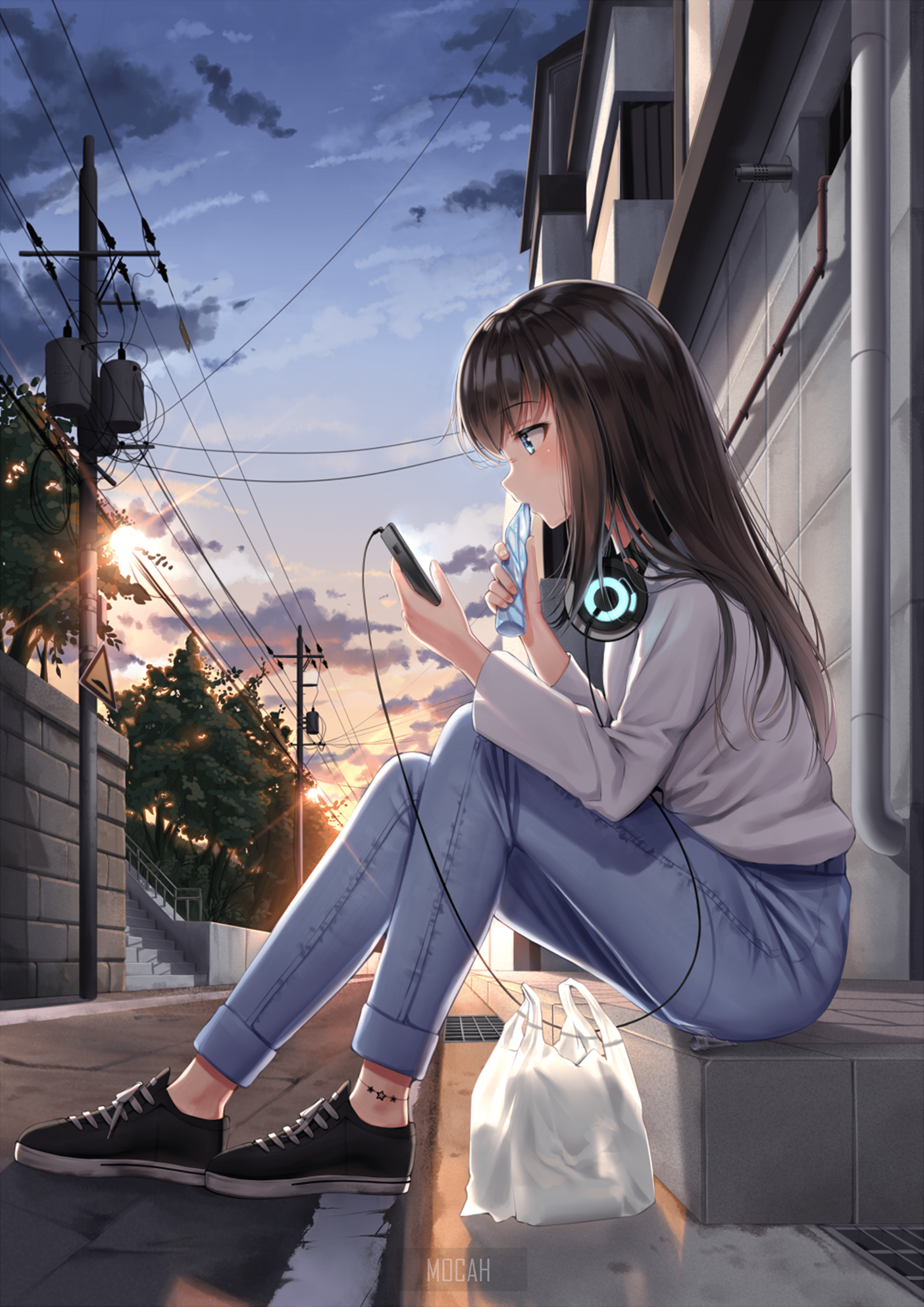 2122x3000 anime, anime girl, sitting, urban, headphones, smartphone, outdoors, dark hair wallpaper hd, 2122x3000 Gallery HD Wallpaper