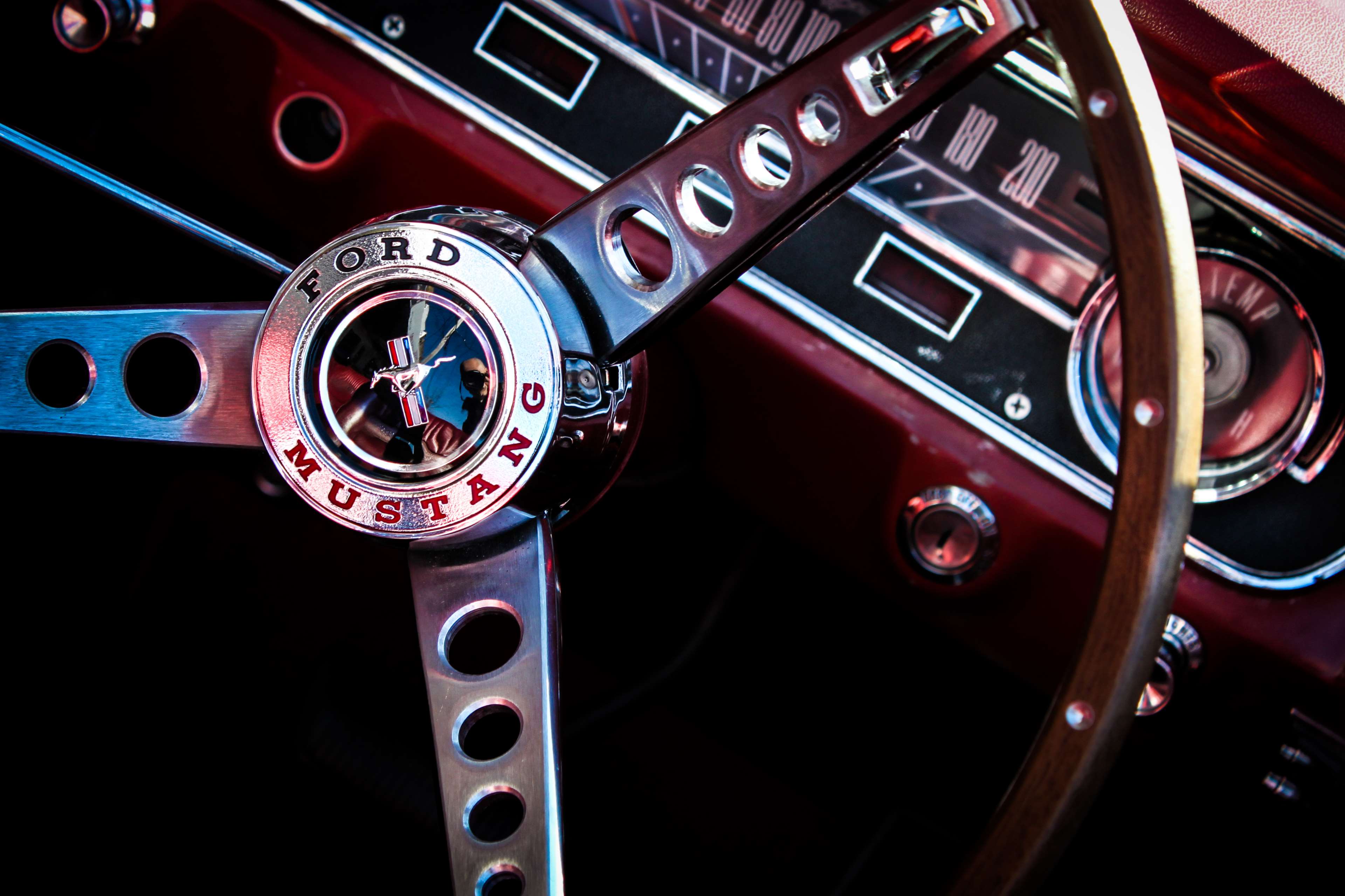3840x2560 classic car, ford mustang, mustang dash, red car interior, sports car, steering wheel 4k Gallery HD Wallpaper