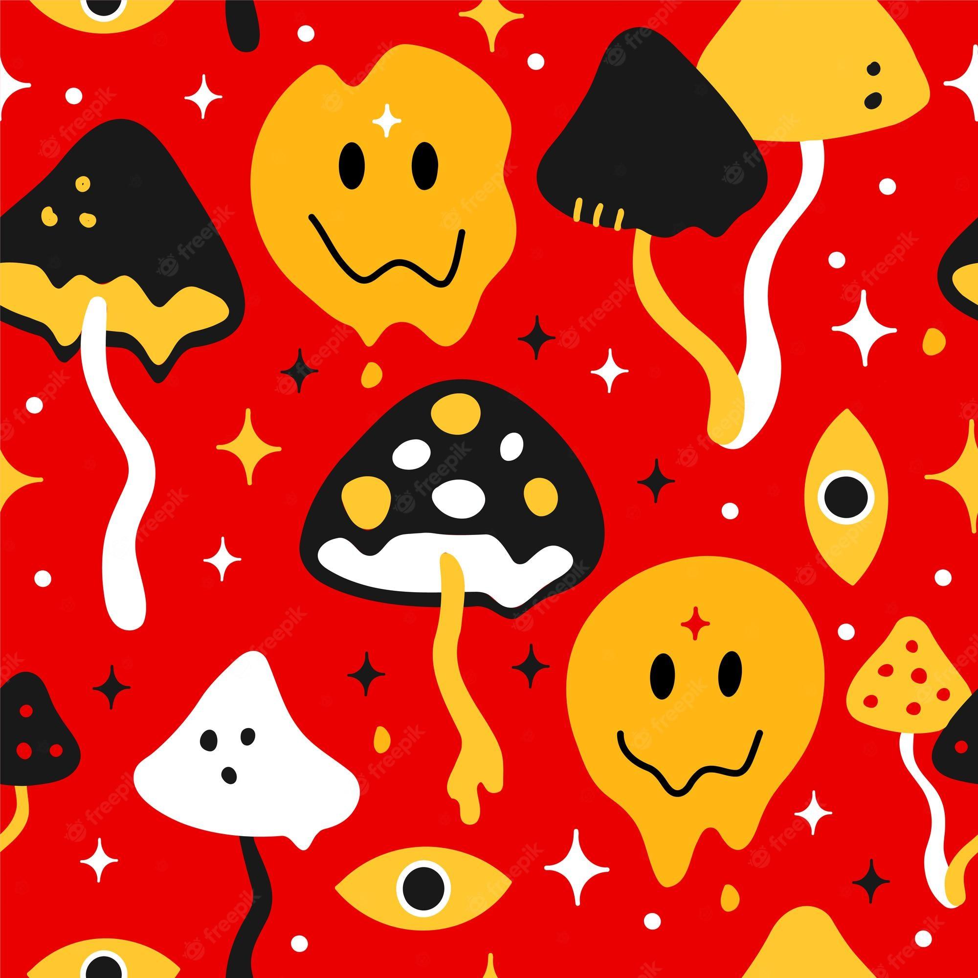 2000x2000 Premium Vector. Funny crazy melt smile faces and psilocybin magic mushroom seamless pattern.vector hand drawn cartoon character illustration seamless pattern. magic mushroom, smile face wallpaper print concept