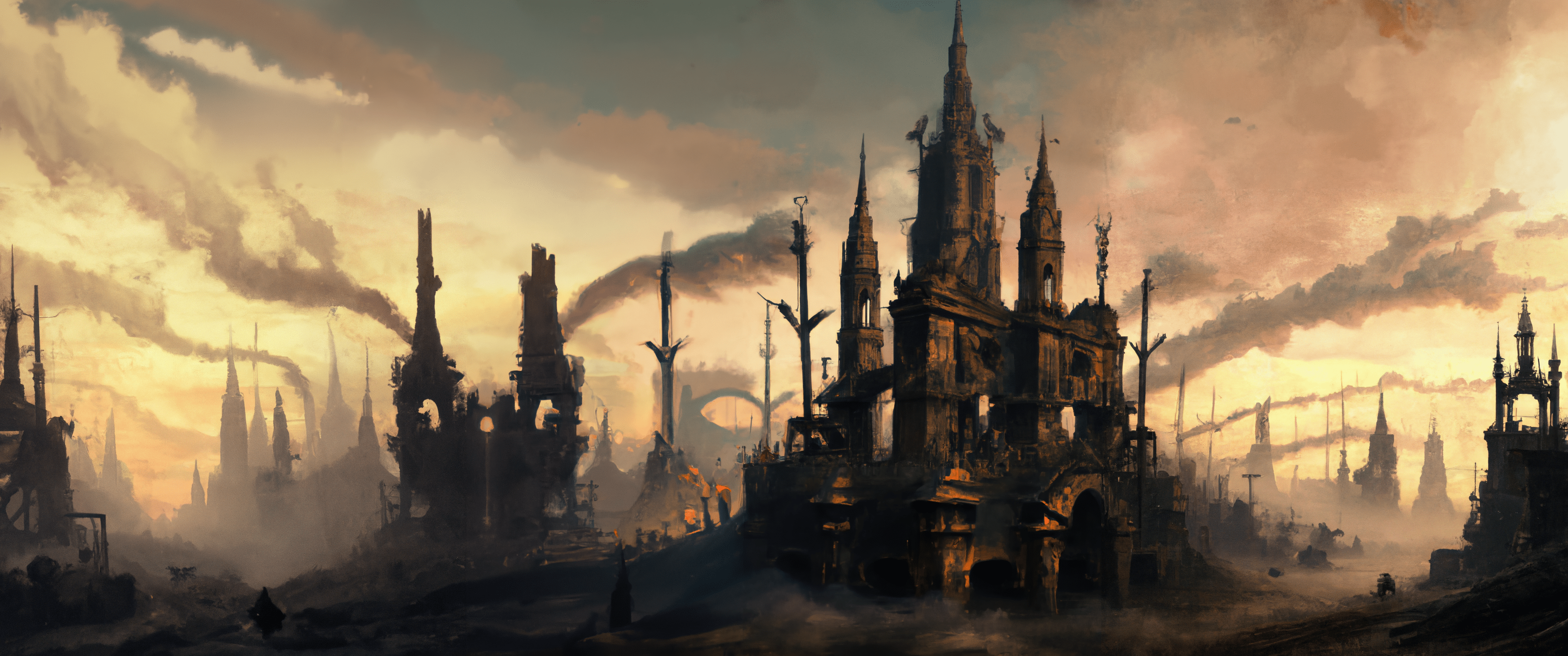 3440x1440 A desolate victorian city in ruins at golden hour, somber, fantasy, 8K, trending on artstation Ultrawide wallpaper [3440x1440px]