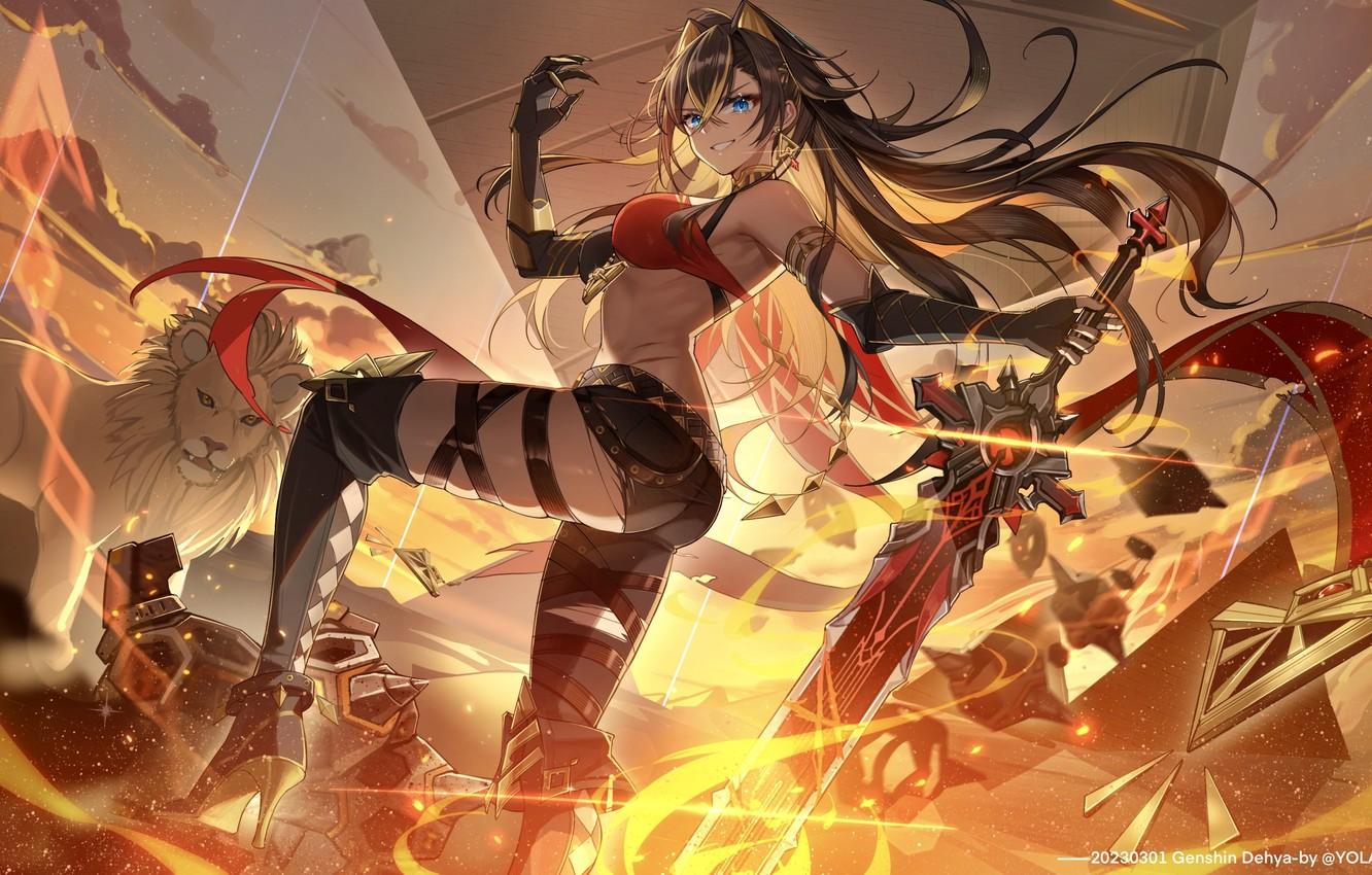 1332x850 Wallpaper sunset, smile, weapons, robot, Leo, Desert, grin, stand, Genshin Impact, Dehya, Dehya image for desktop, section игры