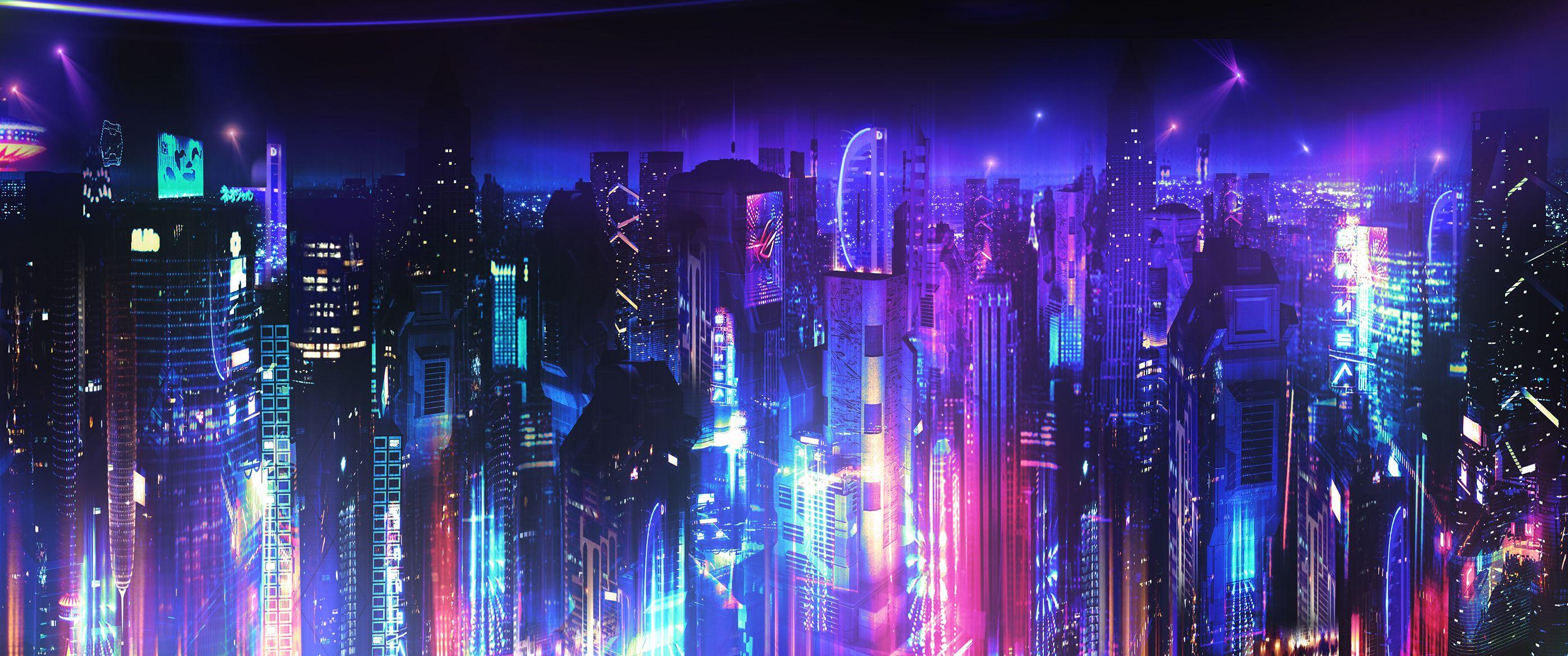 2800x1172 ASUS ROG Swift PG348Q Curved IPS Monitor With G SYNC. Cool Background Wallpaper, Futuristic City, Cyberpunk City