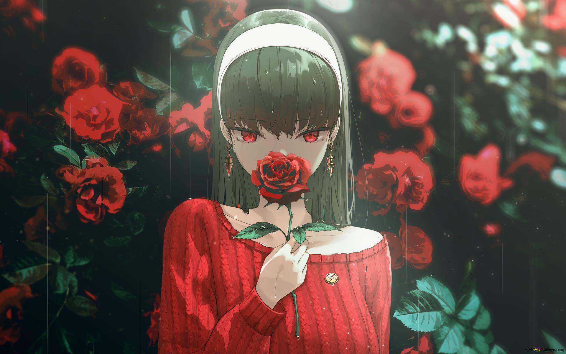 1920x1200 Anime girl with white hairpin and red eyes in red dress with rose scent in front of red rose garden 4K wallpaper download