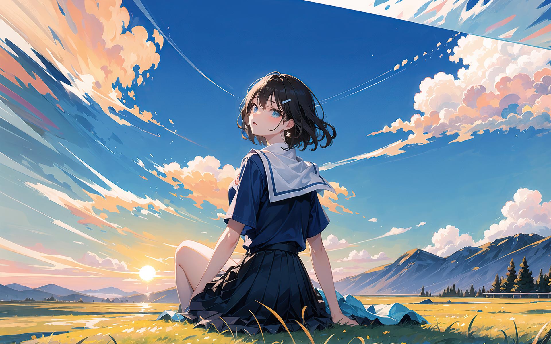 1920x1200 Sunset Anime Ai Art Digital Art Clouds Schoolgirl School Uniform Anime Girls Sky Sun Looking Back Su Wallpaper:1920x1200
