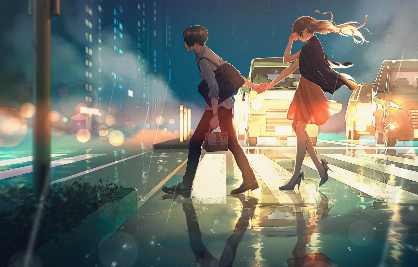 1332x850 Wallpaper street, bags, crying, headlights, holding hands, crosswalk, on the road, rainy evening, the guy with the girl, by Macaronk1120 image for desktop, section арт