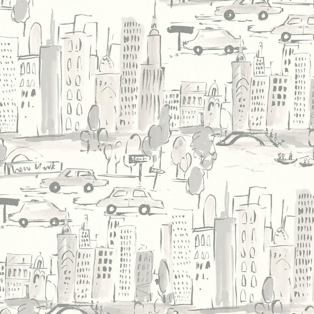 1250x1250 Boys & Girls New York Sketches Grey White AS Creation Wallpaper