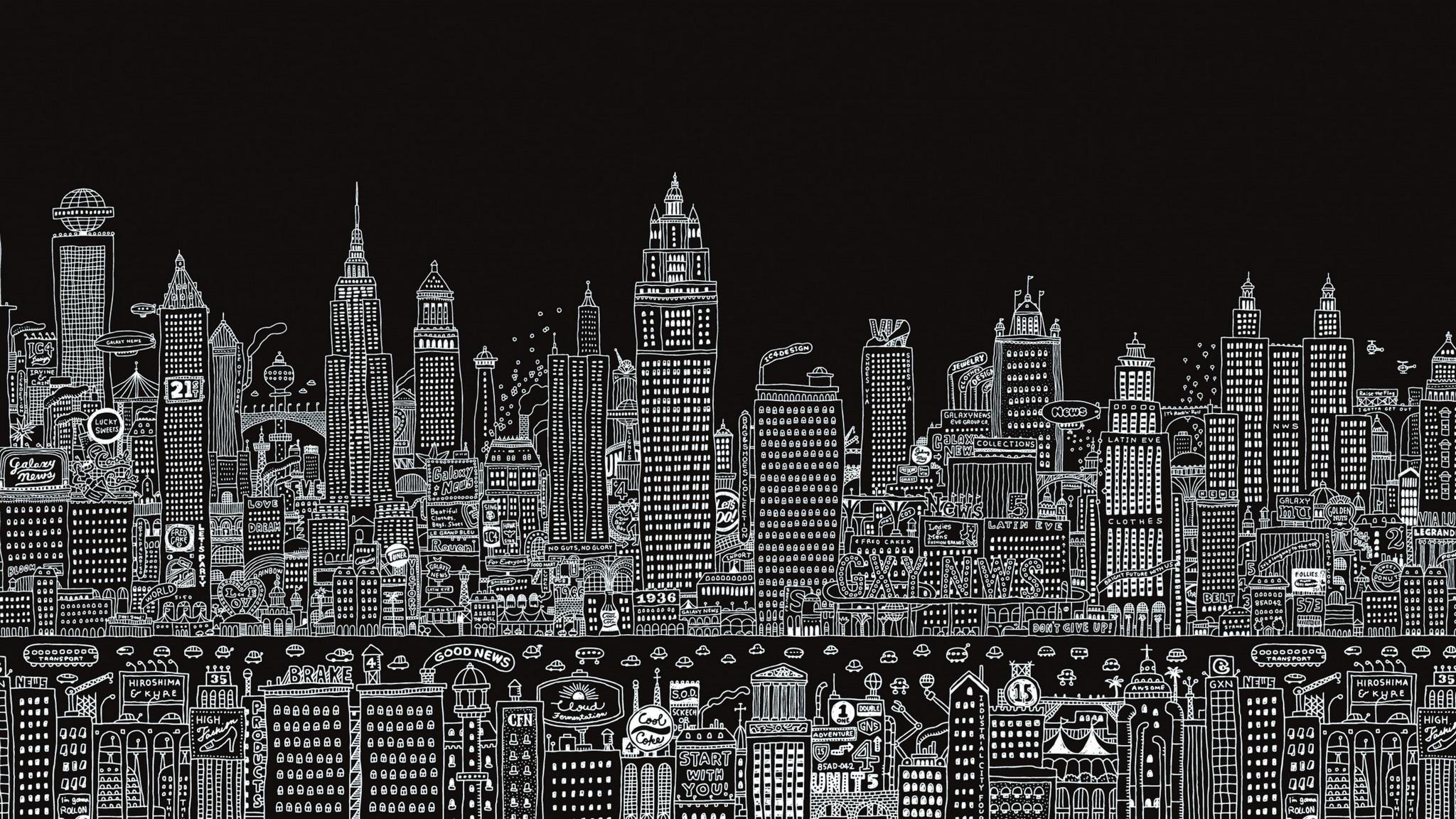 2048x1152 Wallpaper / digital art, city, dark background, simple background, drawing, monochrome, cityscape free download