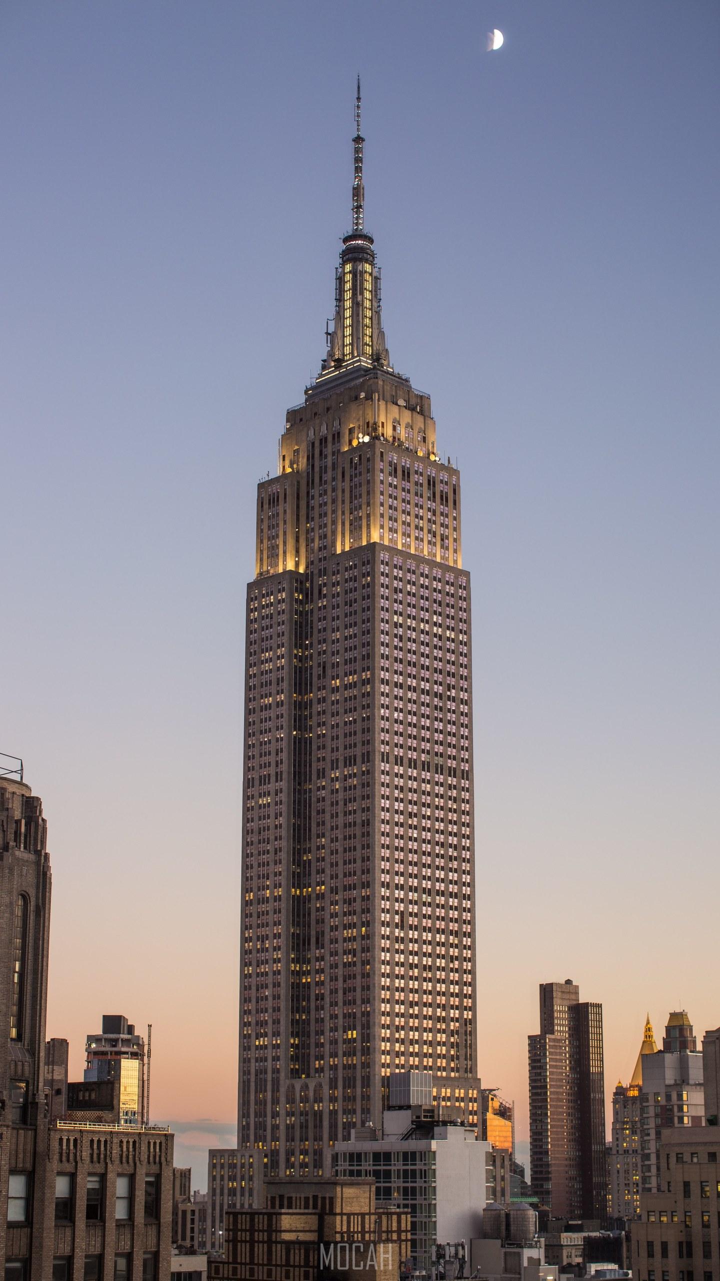 1440x2560 a skyscraper in new york city at dusk with the moon in the sky, the lonely skyscraper, ZTE Axon 7 wallpaper HD download, 1440x2560 Gallery HD Wallpaper