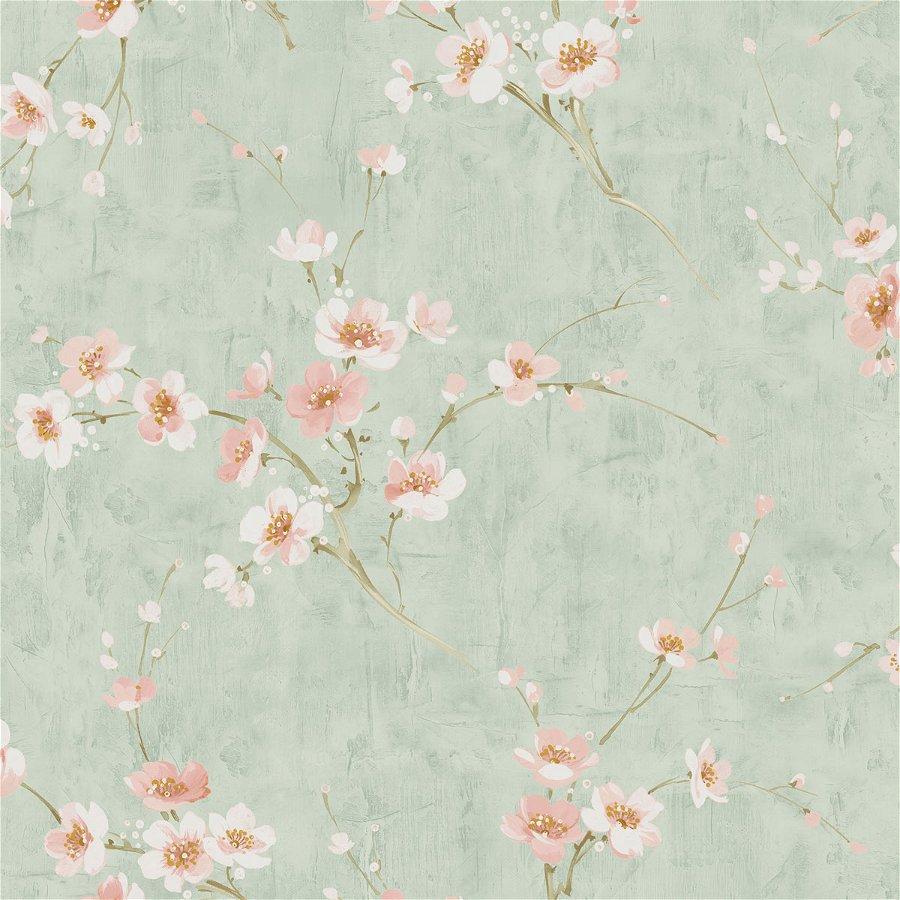 900x900 Seabrook Designs Silk Road Dogwood Metallic Mint & Pink Wallpaper