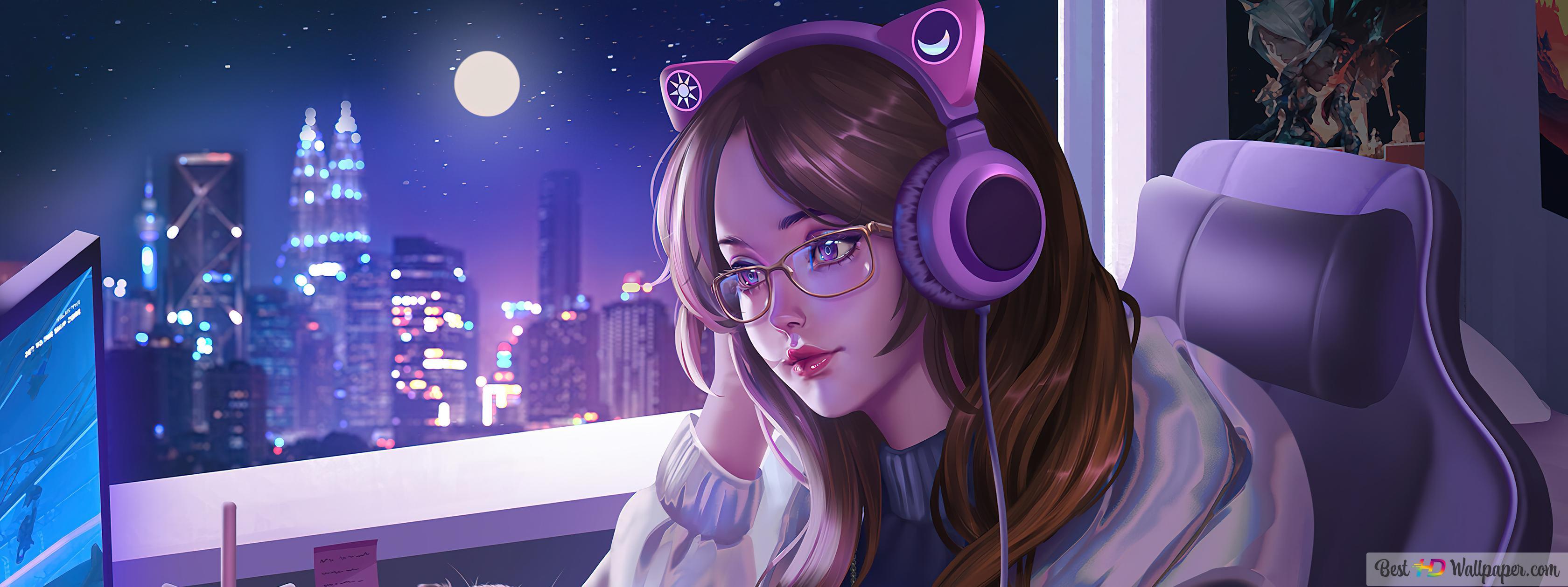 3360x1260 Anime Girl Lofi Cat 4K wallpaper download