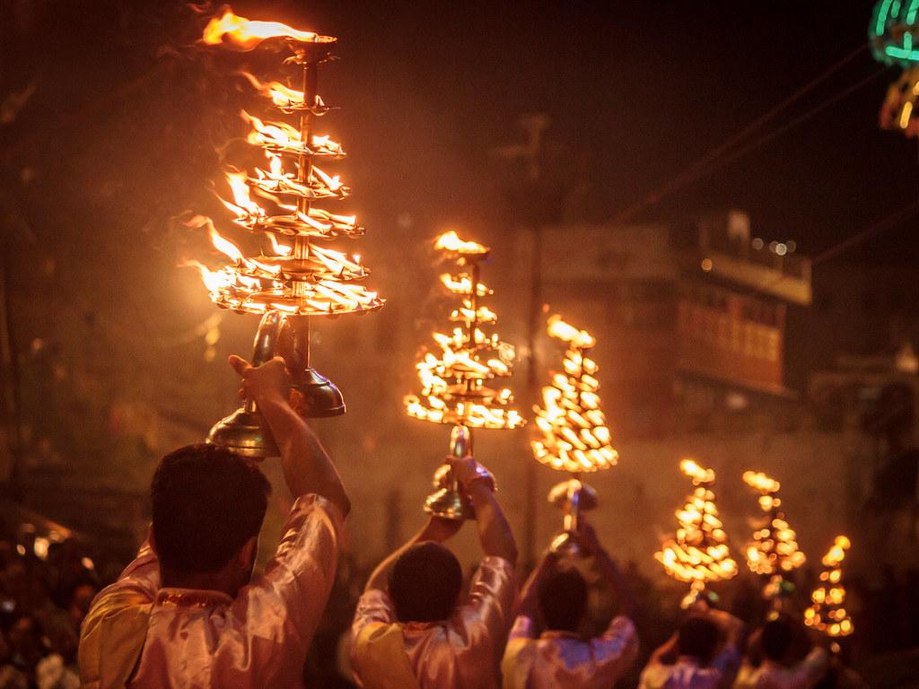 1024x768 Ganga Aarti, India. Varanasi is a sacred and old