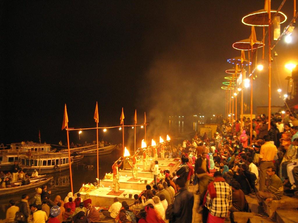 1024x768 Ganga aarti ceremony varanasi. Dasaswamedh Ghat is one of t