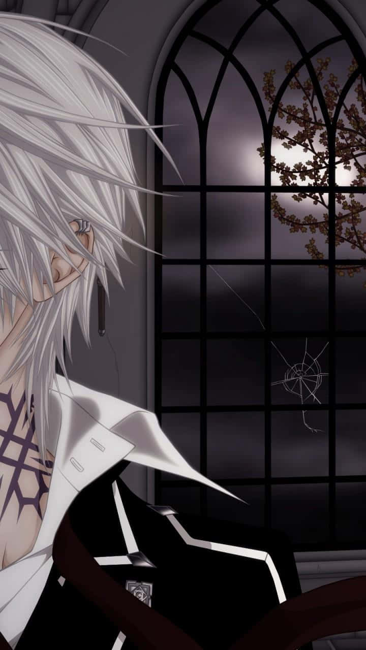 720x1280 Download A White Anime Character With A Black Shirt And White Hair Wallpaper