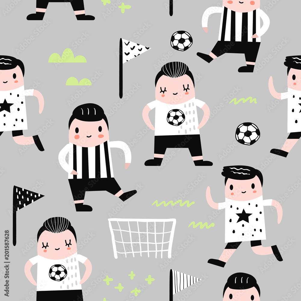 1000x1000 Childish Seamless Pattern with Boy Football Player. Children Background with Funny Soccer Boys for Fabric, Print, Wrapping, Wallpaper. Vector illustration Stock Vector