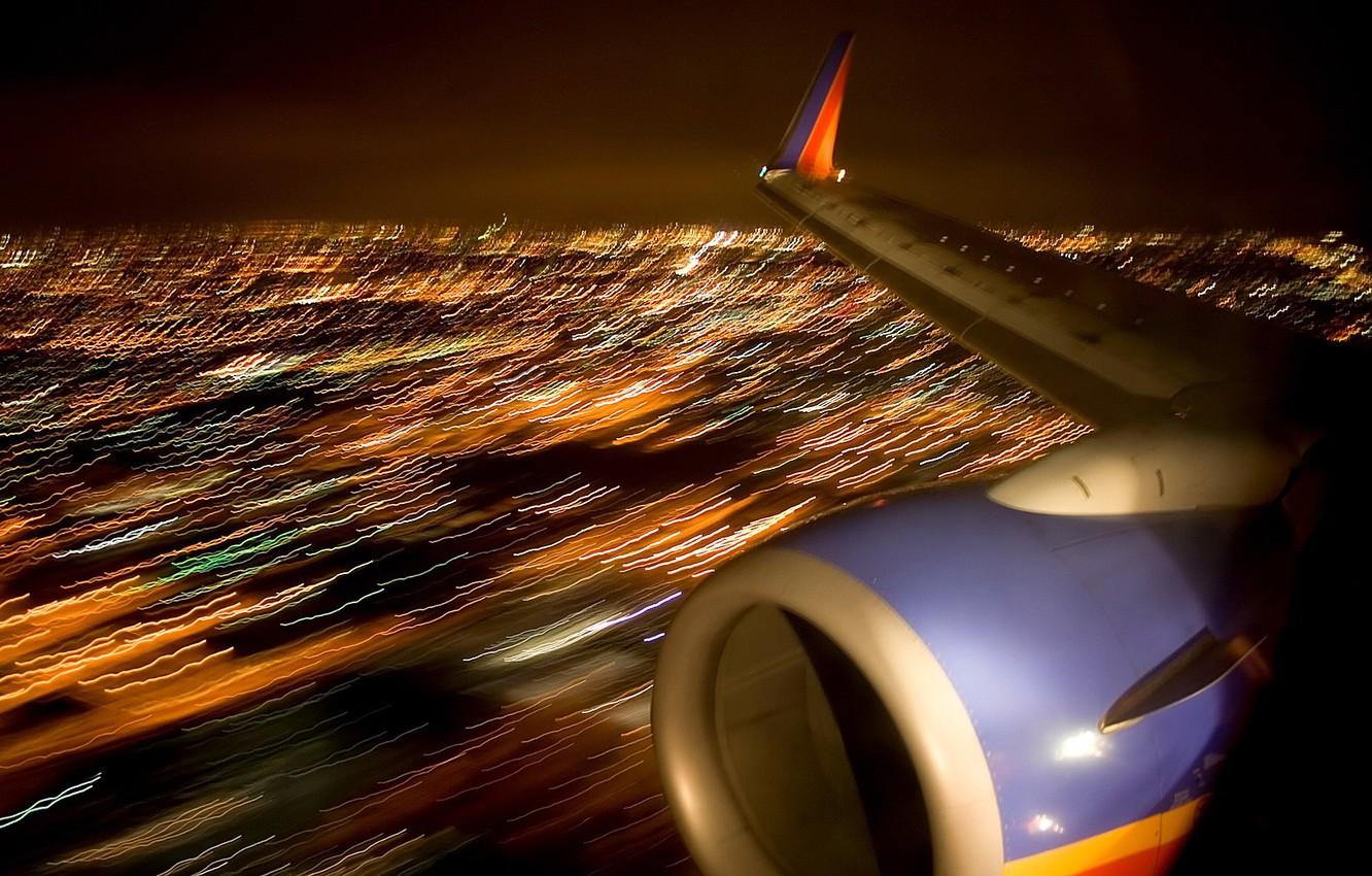 1332x850 Wallpaper night, lights, the plane, wing image for desktop, section авиация