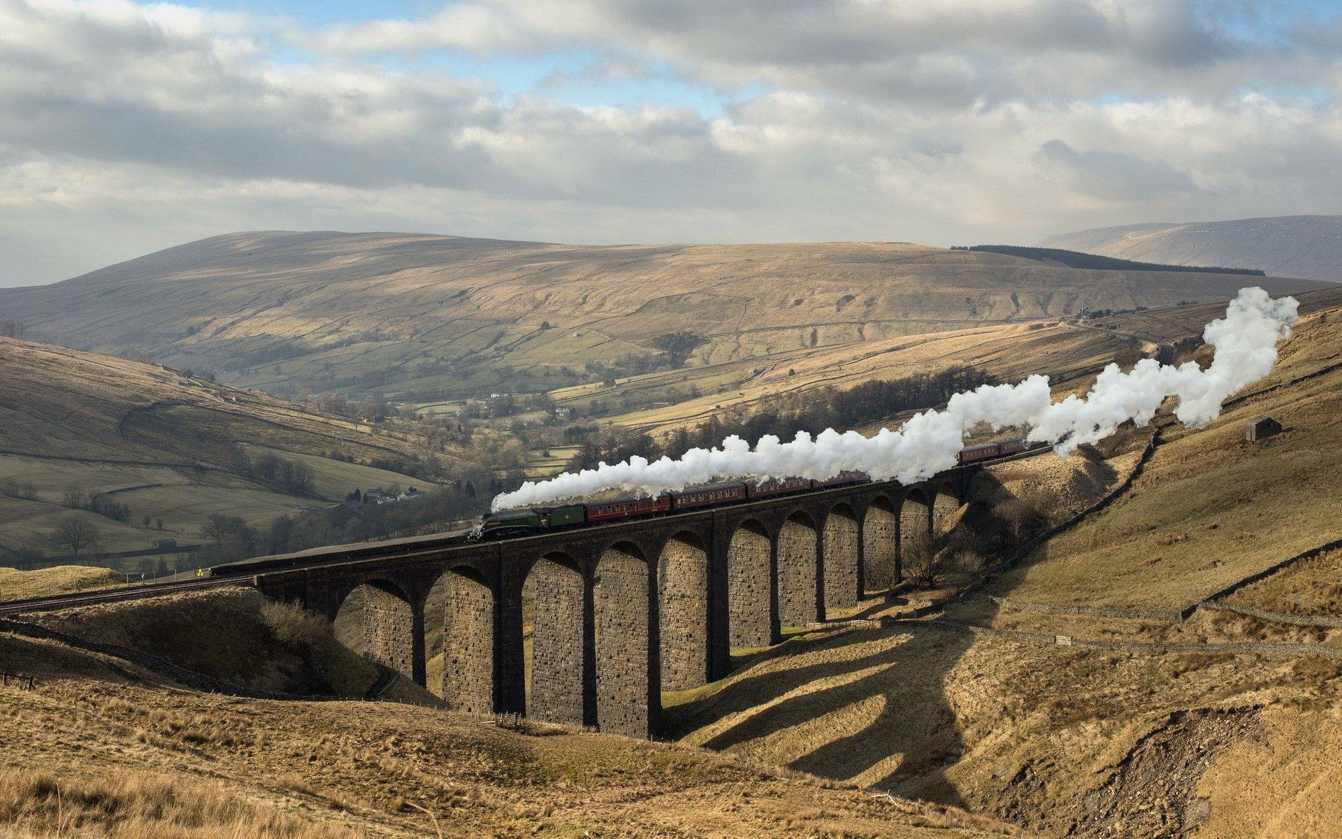 1920x1200 railway, #hills, #train, #field, #sunlight, #shadow, #bridge, #trees