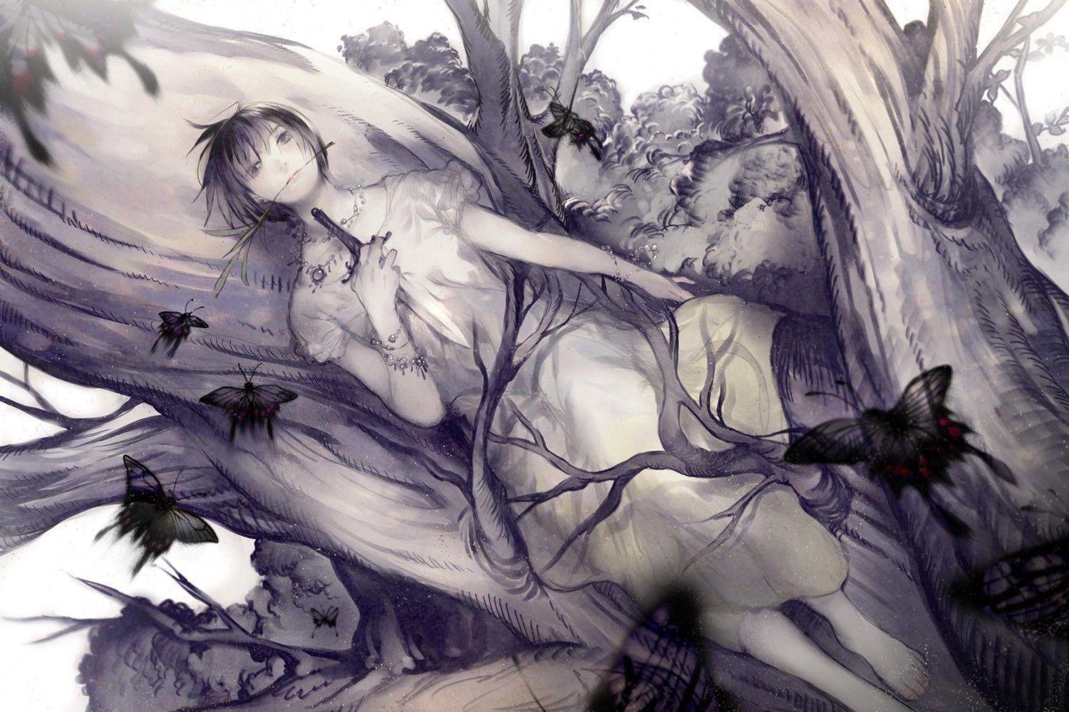 1500x1000 nature, trees, dress, white, original, gray, weapons, short hair
