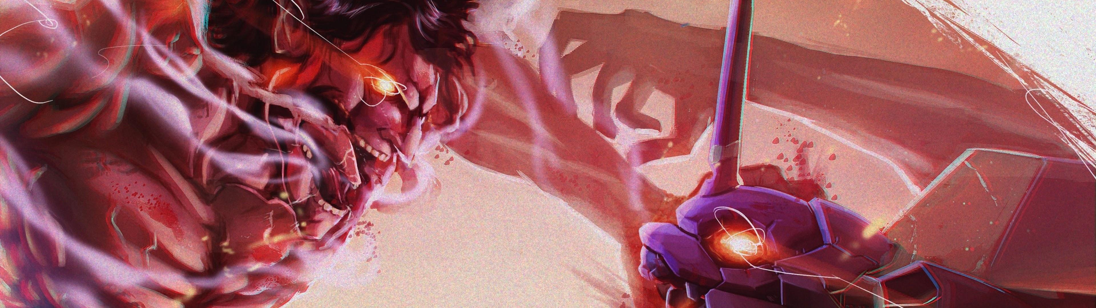 3840x1080 Attack Titan vs. Evangelion Attack on Titan 4K Wallpaper