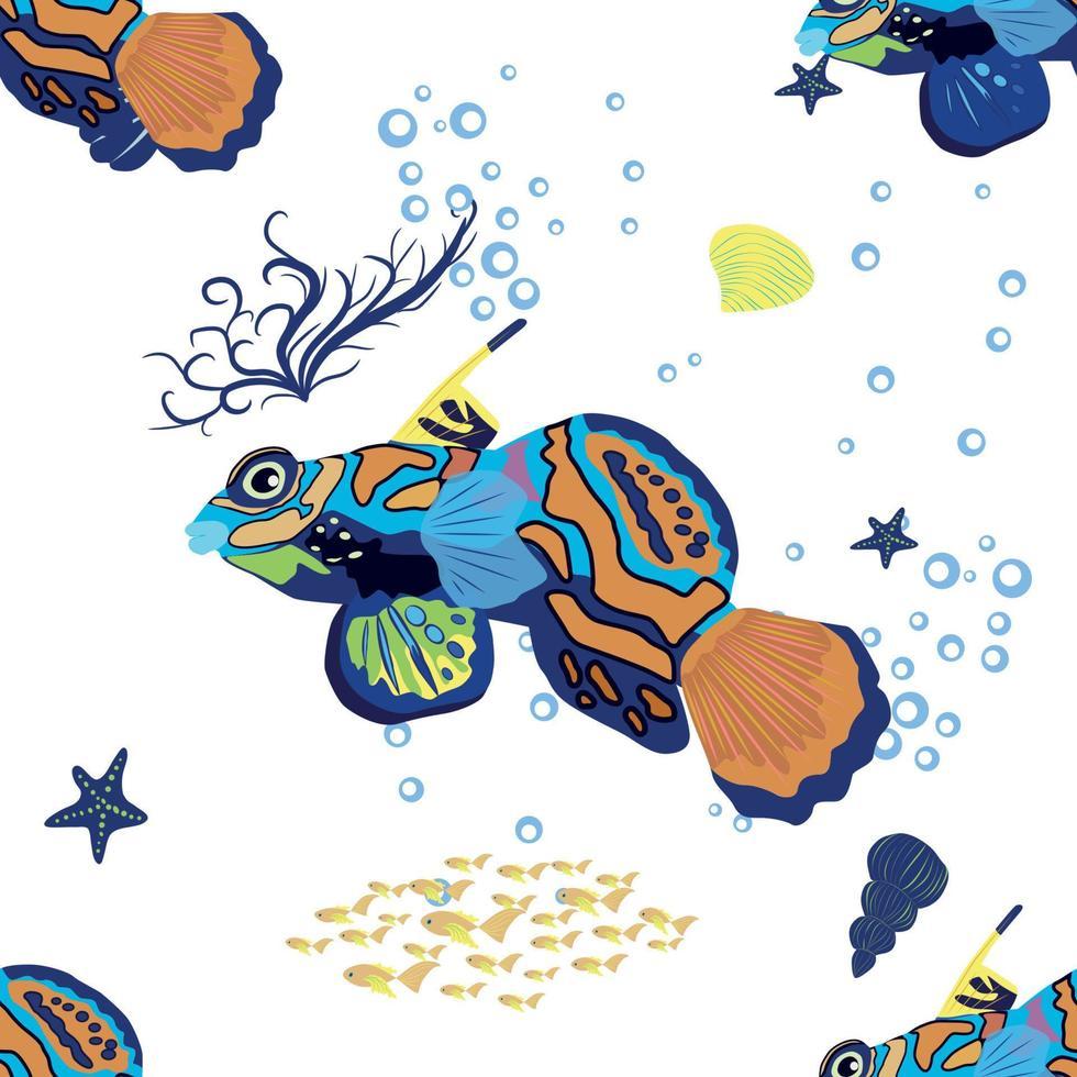 980x980 Mandarin fish seamless patterns. beautiful character among seashells, seaweed, starfish, sea animal wildlife character. Nature underwater, marine wild ocean zoo fish