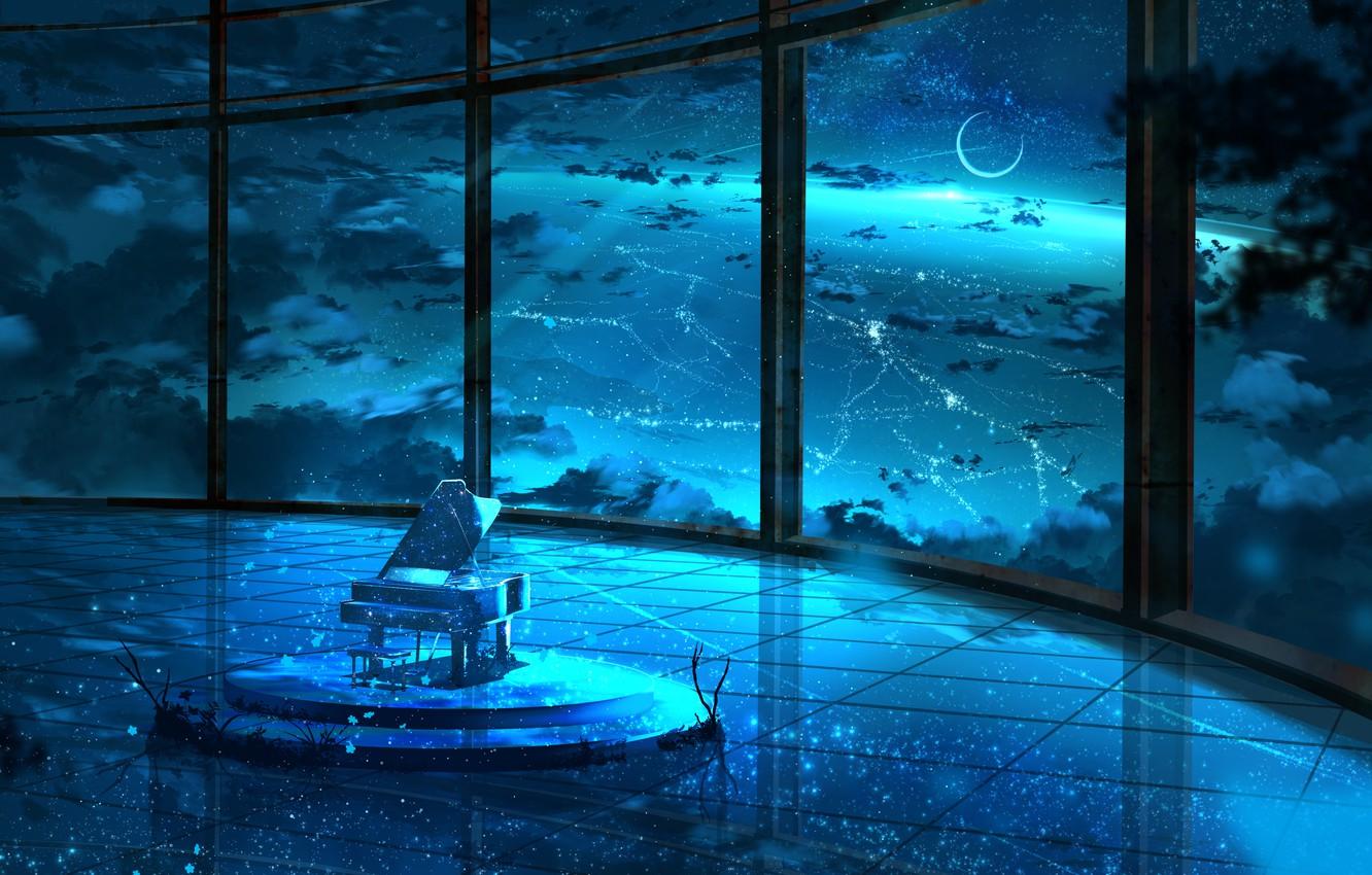 1332x850 Wallpaper the sky, night, room, the moon, piano image for desktop, section арт