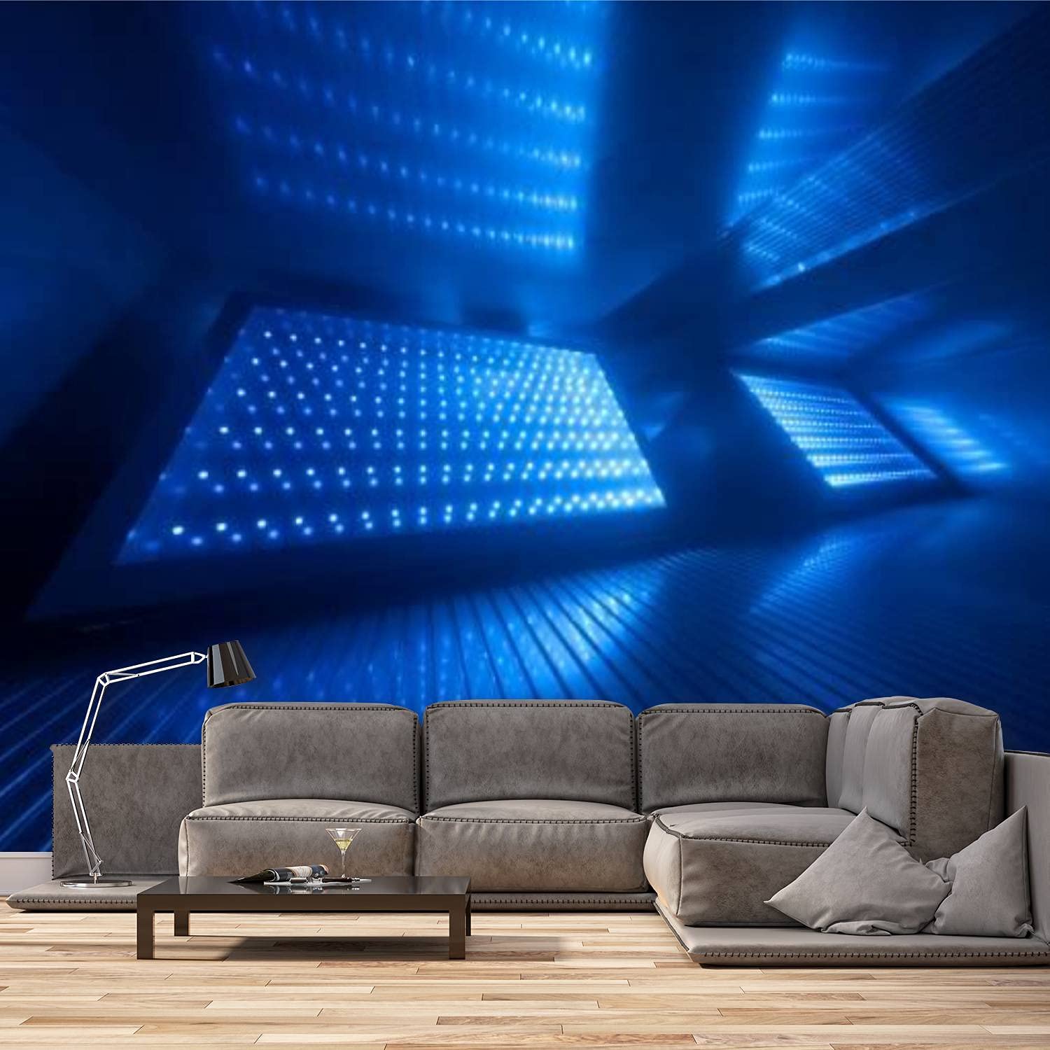 1500x1500 ARJRVIWNS 3D Render Blue neon Abstract Background Light Night Club Empty Room Wallpaper, Self Adhesive Canvas Wall Paper, Modern Peel and Stick Wall Mural, Bedroom Living Room for Wall Decor 66x96