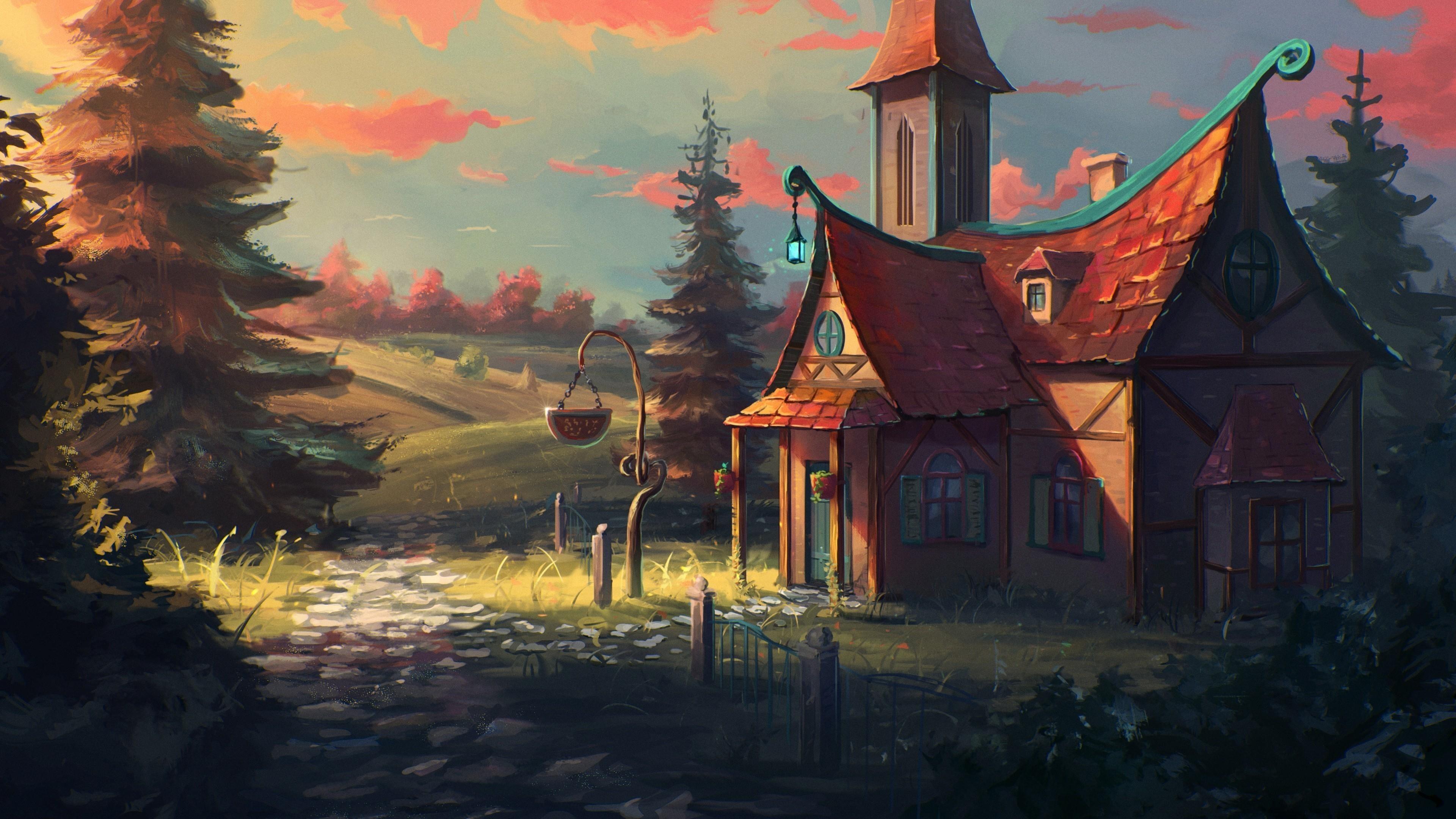 3840x2160 Wallpaper / illustration, painting, dreamy, house, path, tree, tale, sky, 4K, artwork, fantasy art, landscape, art, home, cottage free download