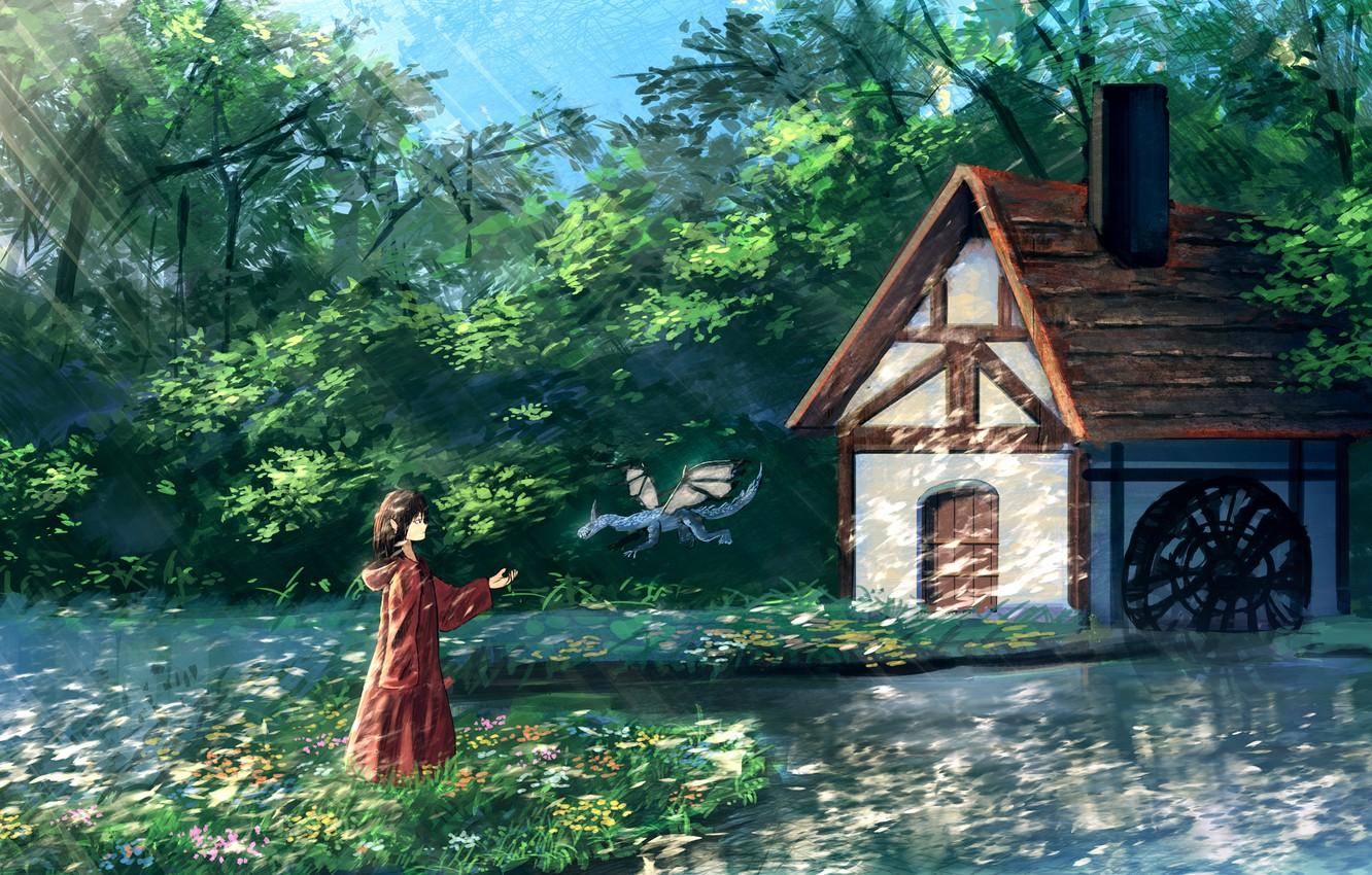 1332x850 Wallpaper nature, fantasy, girl, house, dragon image for desktop, section арт