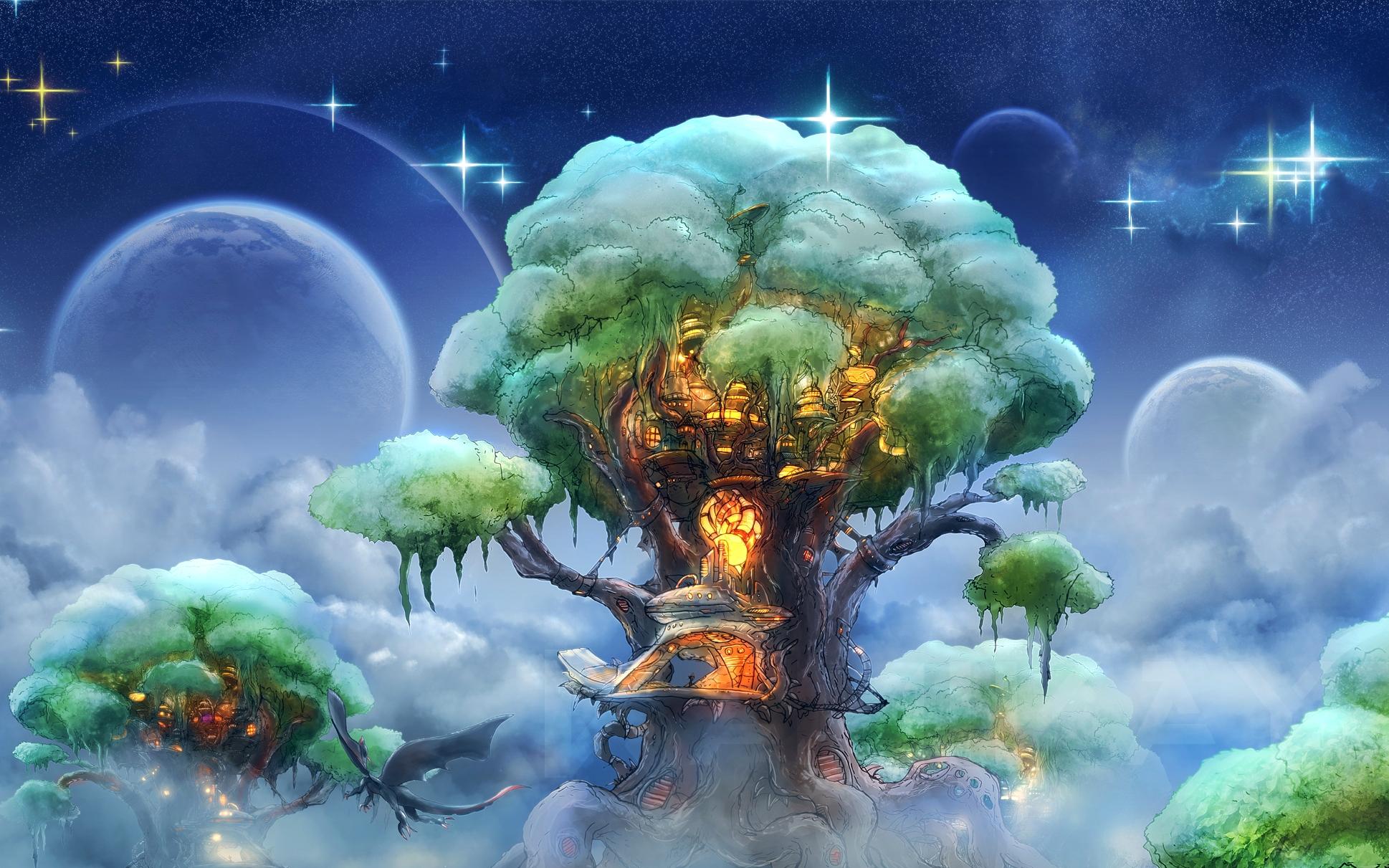 1938x1211 Free download Fantasy art house landscapes trees sky stars clouds islands wallpaper [1938x1211] for your Desktop, Mobile & Tablet. Explore Tree House Wallpaper. Opera House Wallpaper, White House Wallpaper