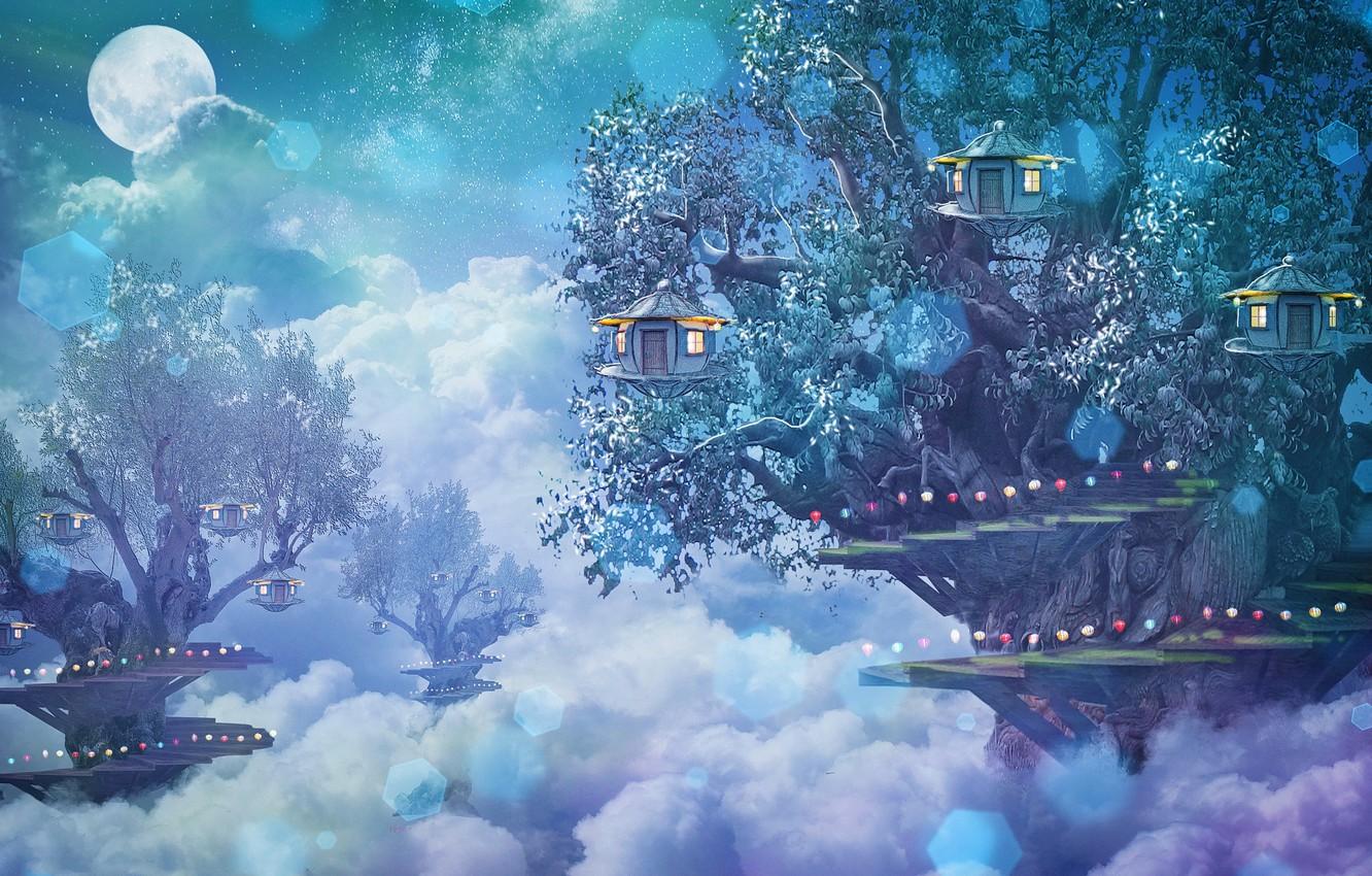 1332x850 Wallpaper forest, clouds, fantasy, houses, photoart image for desktop, section фантастика