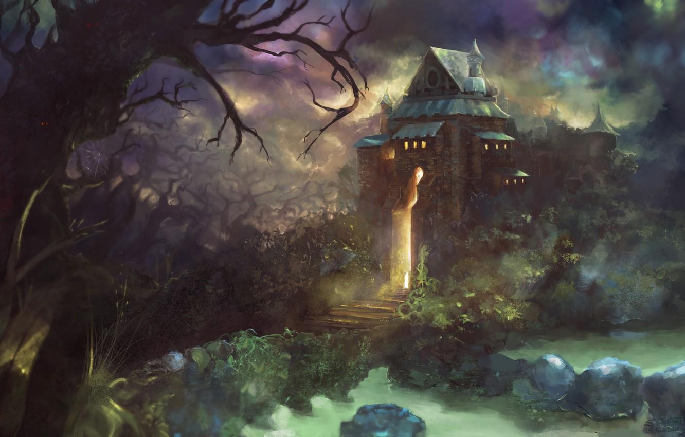 1332x850 Wallpaper the sky, light, trees, house, art, pass, Fantasy image for desktop, section фантастика