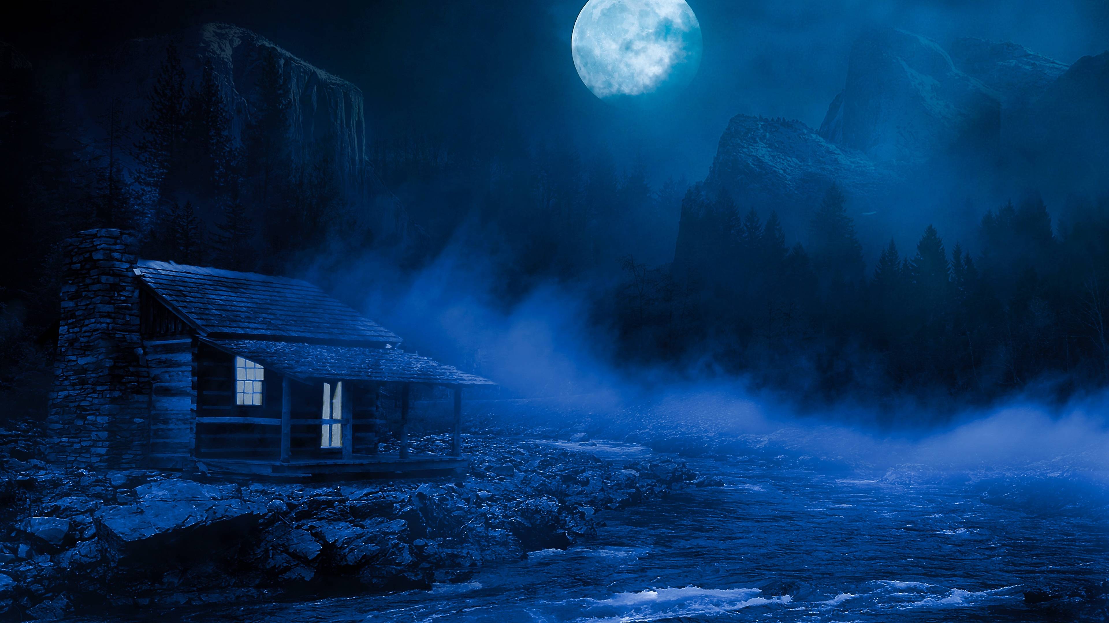 3840x2160 House Night Full Moon Fantasy Lake Flowing On Side 5k 4k HD 4k Wallpaper, Image, Background, Photo and Picture