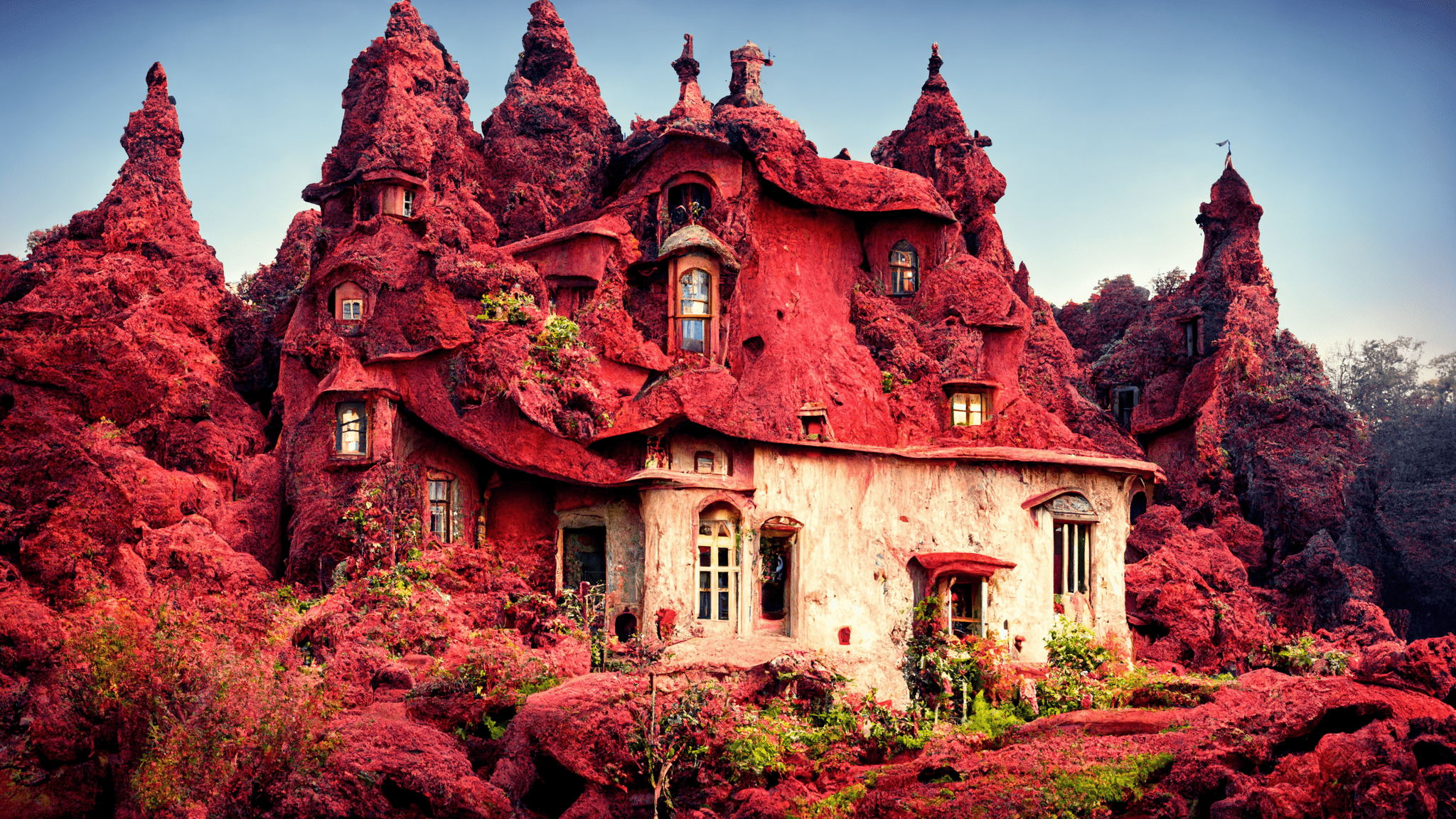 2048x1152 Fantasy Architecture Red House Mansion Fairy Tale Hills Nature Roof Garden Wallpaper:2048x1152