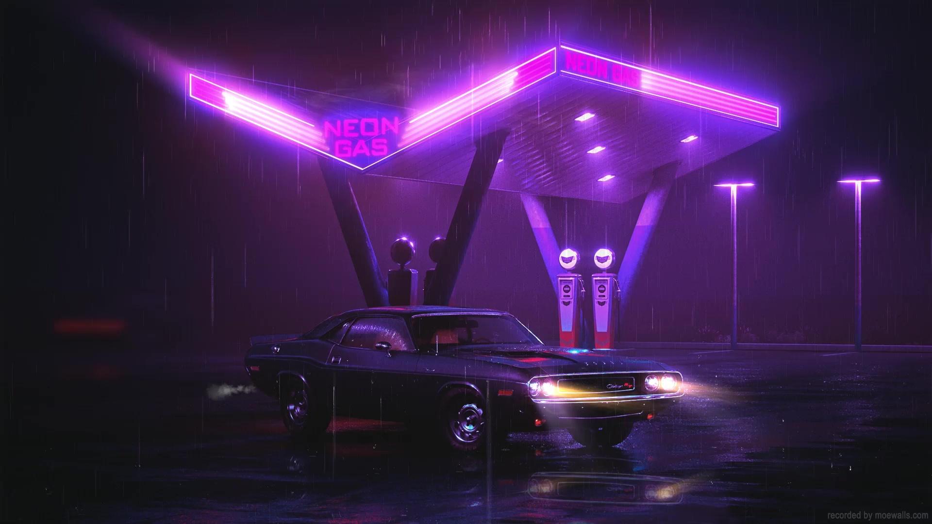 1920x1080 Neon Retro Dodge Challenger At Gas Station Live Wallpaper