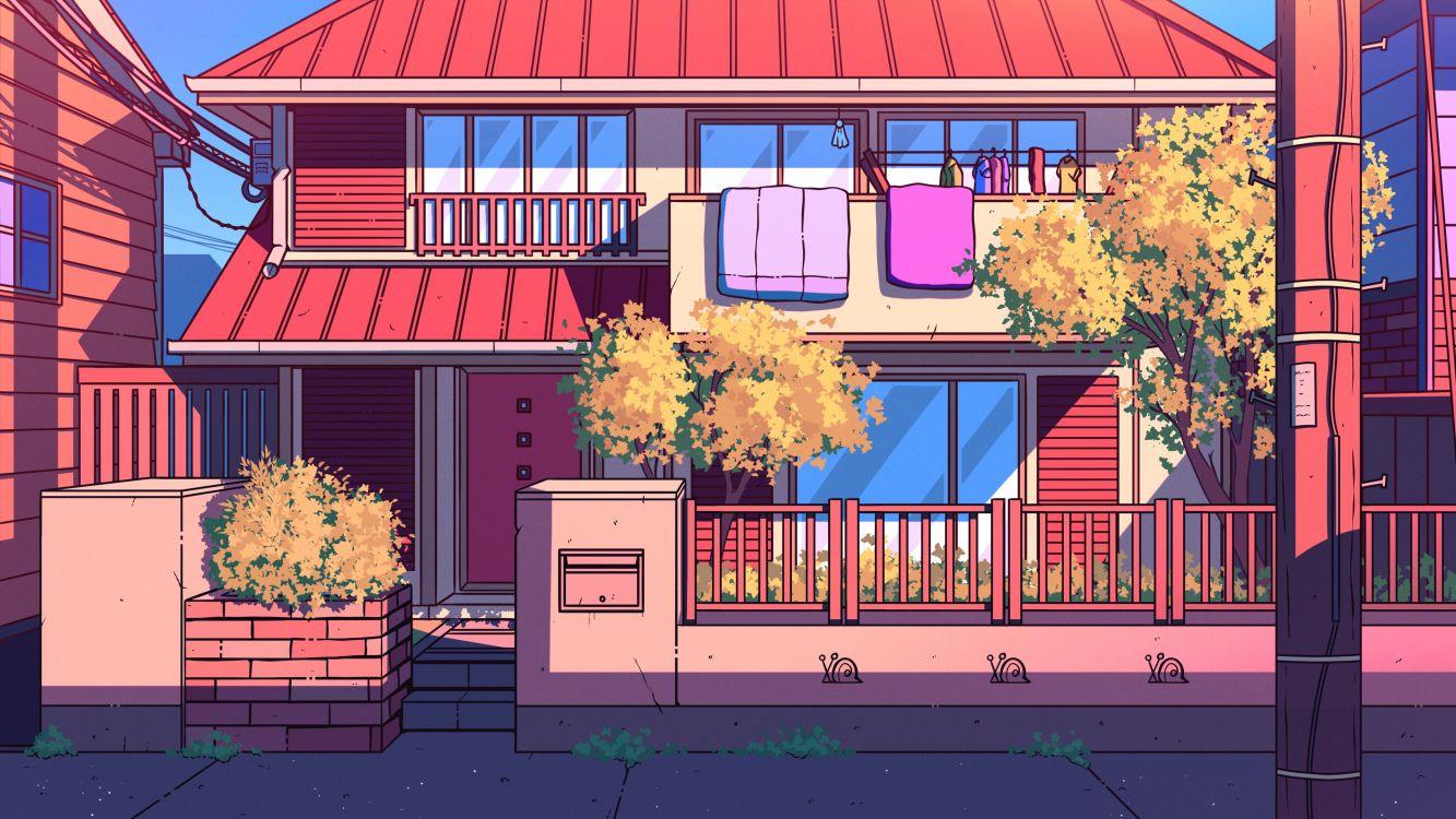 1333x750 Wallpaper Anime, House, Window, Plant, Building, Background Free Image