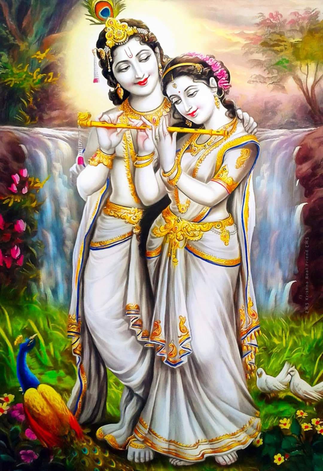 1080x1573 Download Cute Radha Krishna Waterfall Art Wallpaper