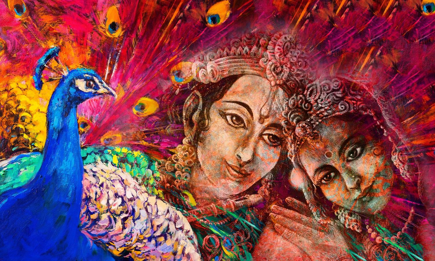 1500x900 Wall painting with Radha Krishna with Peacock. Best Wallpaper for wall
