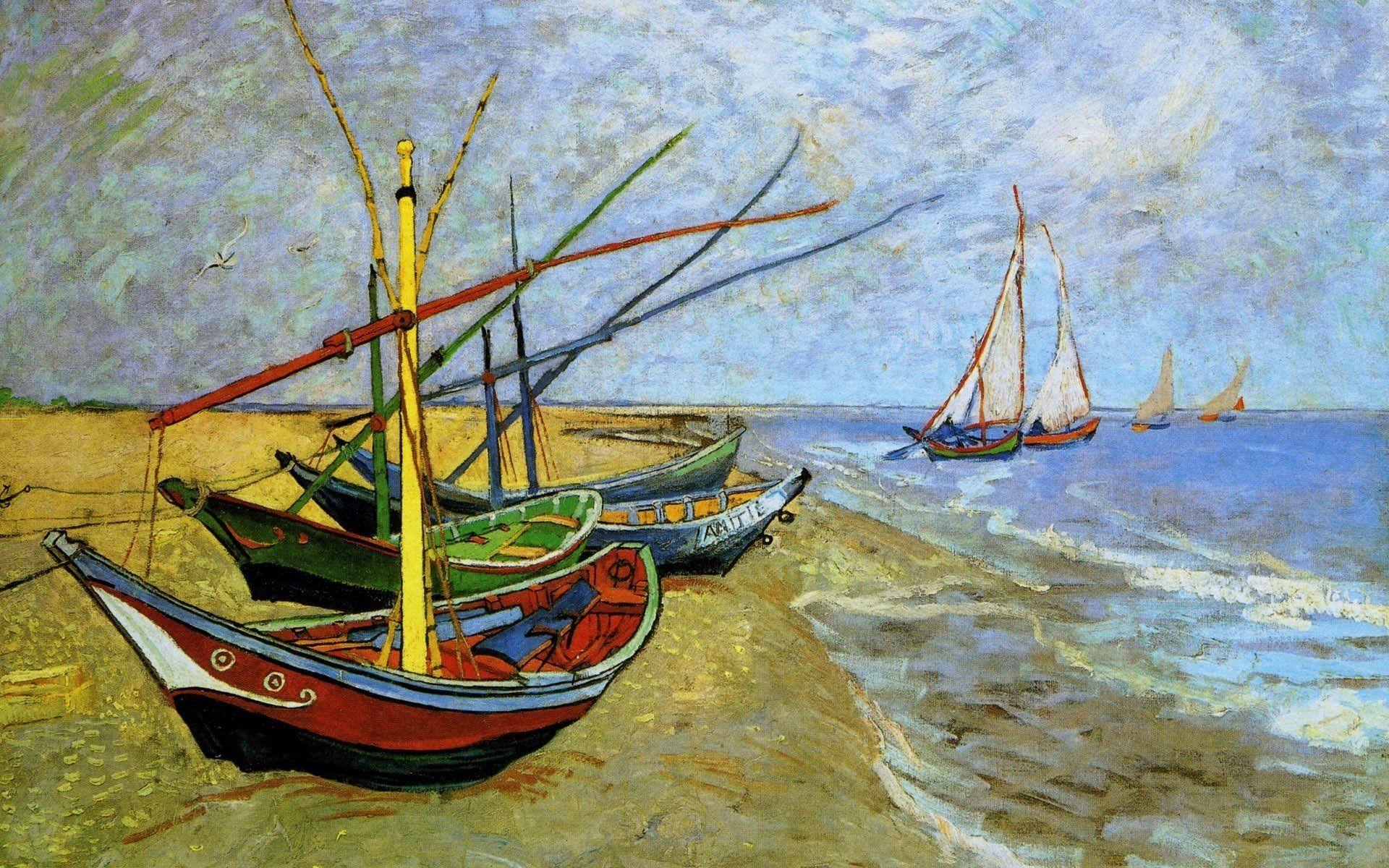1920x1200 vincent van gogh pattern landscape sky sea boat beach HD wallpaper