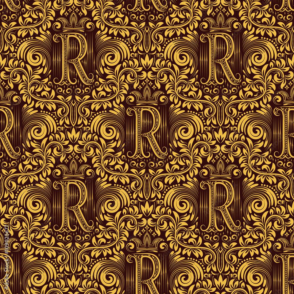 1000x1000 Damask seamless pattern repeating background. Gold maroon floral ornament with R letter and crown in baroque style. Antique golden repeatable wallpaper. Stock Vector