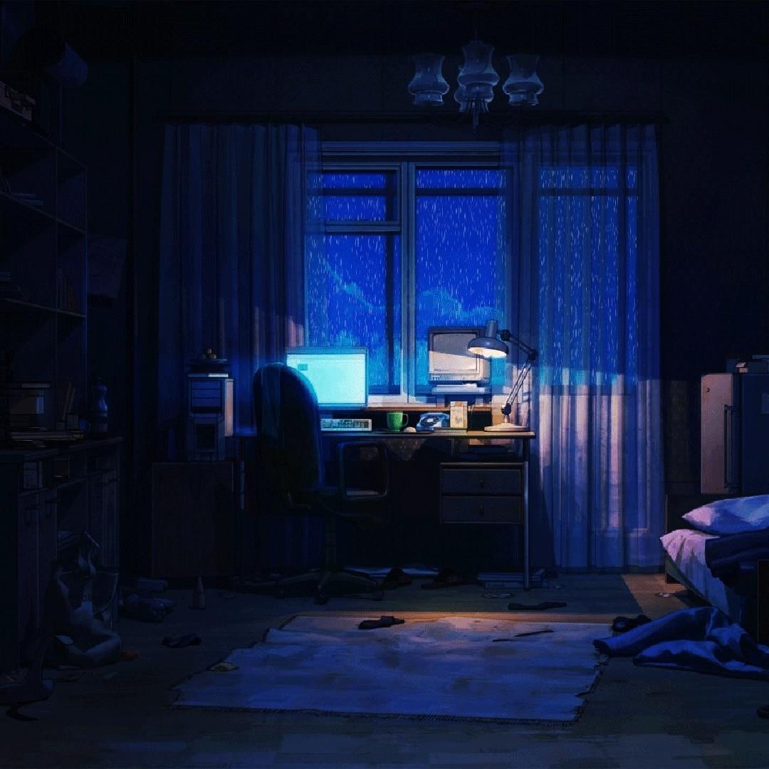 prompthunt: dark photo of dark blue rainy bedroom window at night