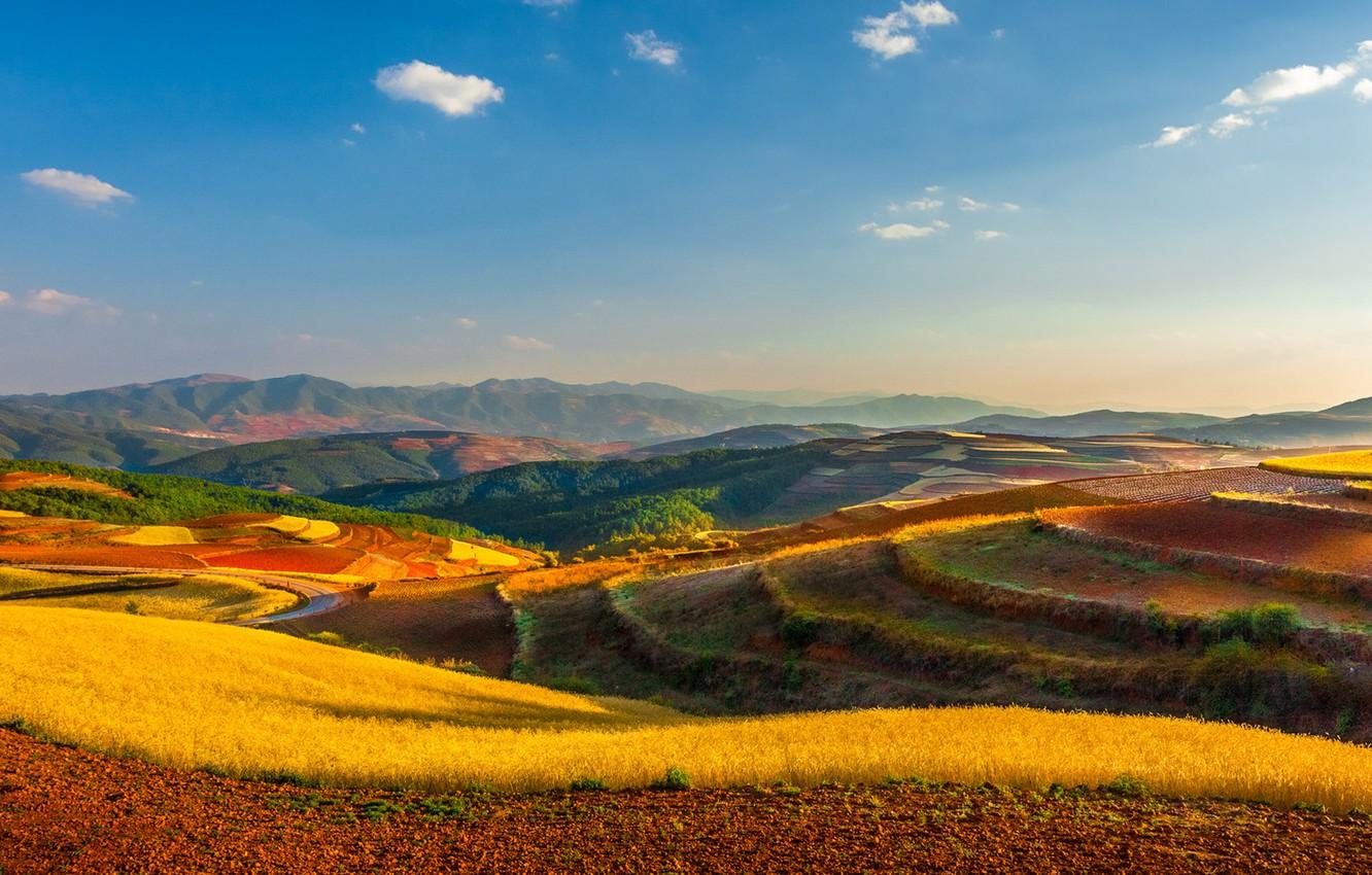 1332x850 Wallpaper field, the sky, clouds, hills, horizon, China, farm, power lines, Yunnan, Kunming image for desktop, section пейзажи