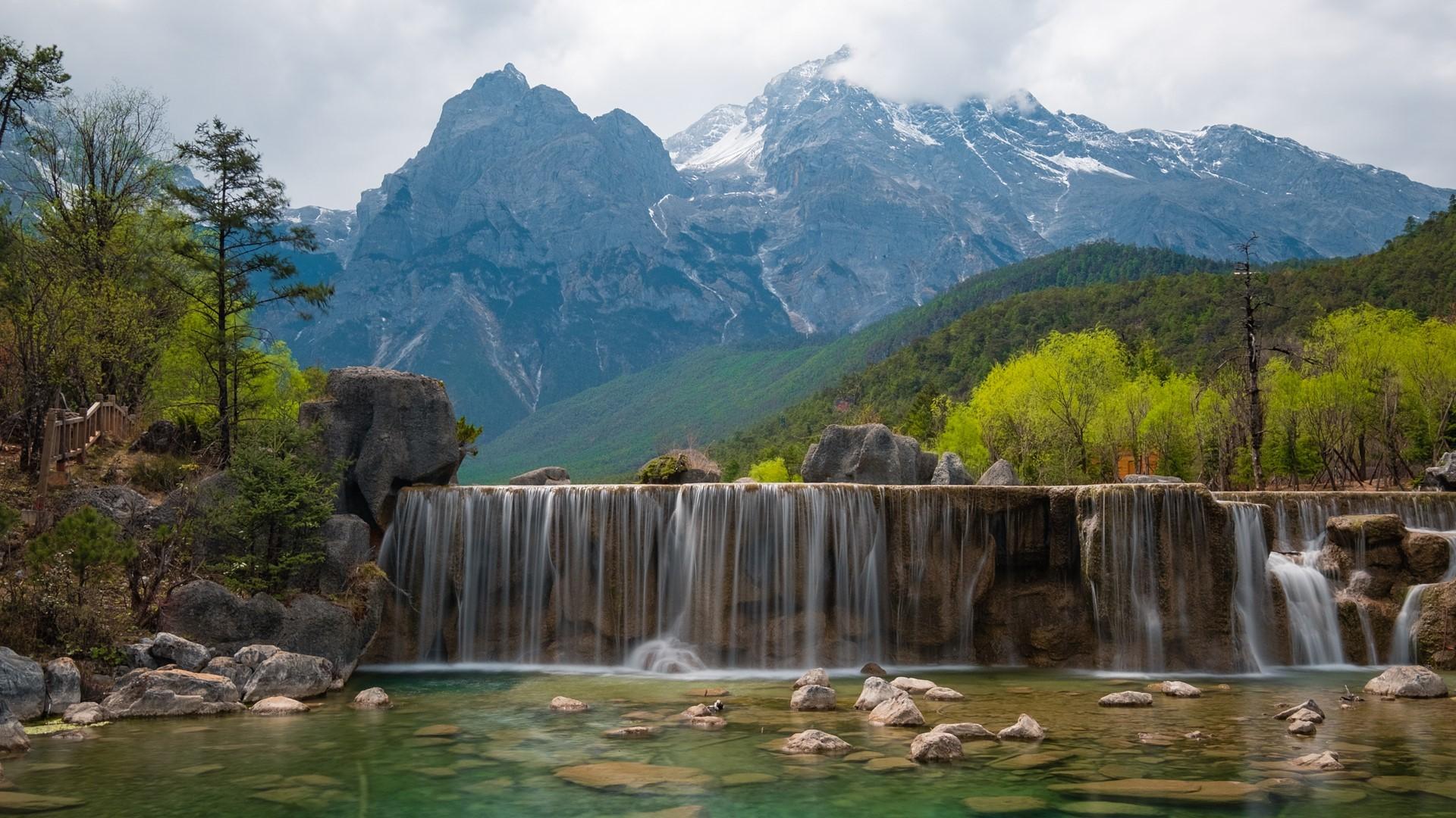 1920x1080 mountains, Yunnan (China), snowy peak, rocks, waterfall, snow, China, trees, Blue Moon Valley, landscape, water, nature Gallery HD Wallpaper