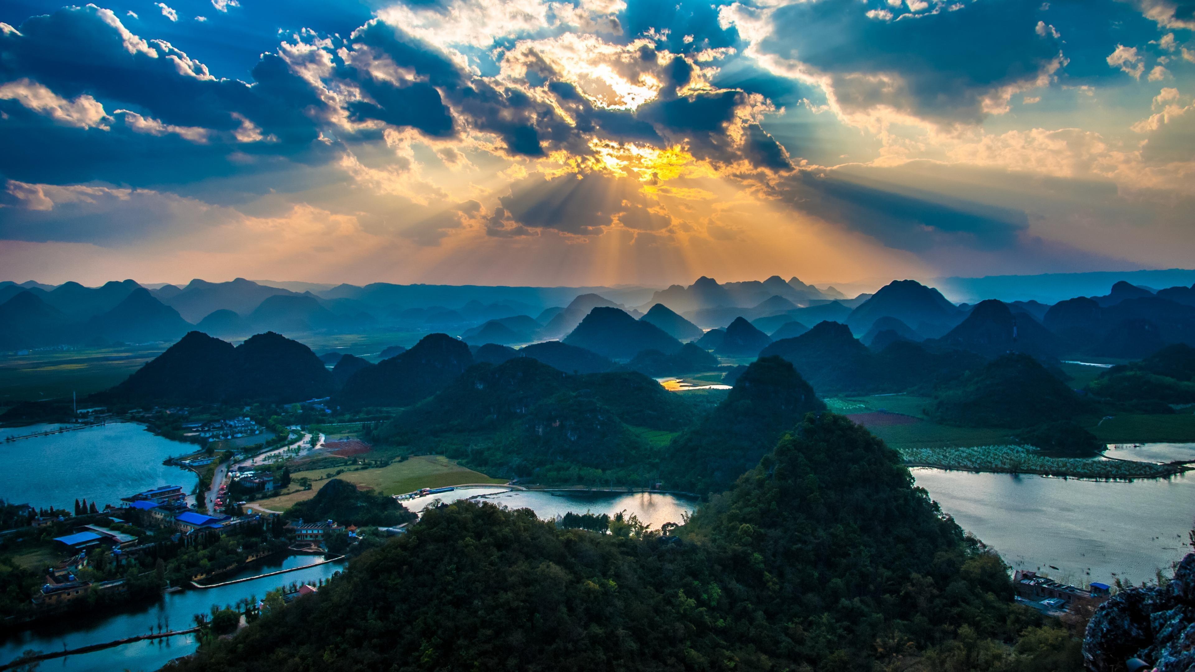 3840x2160 Wallpaper / sunbeam, 4K, lakes, puzhehei, sun ray, national park, cloud, sky, sunset, yunnan, asia, peaks, china, puzhehei scenic area, rays, wenshan, karst free download