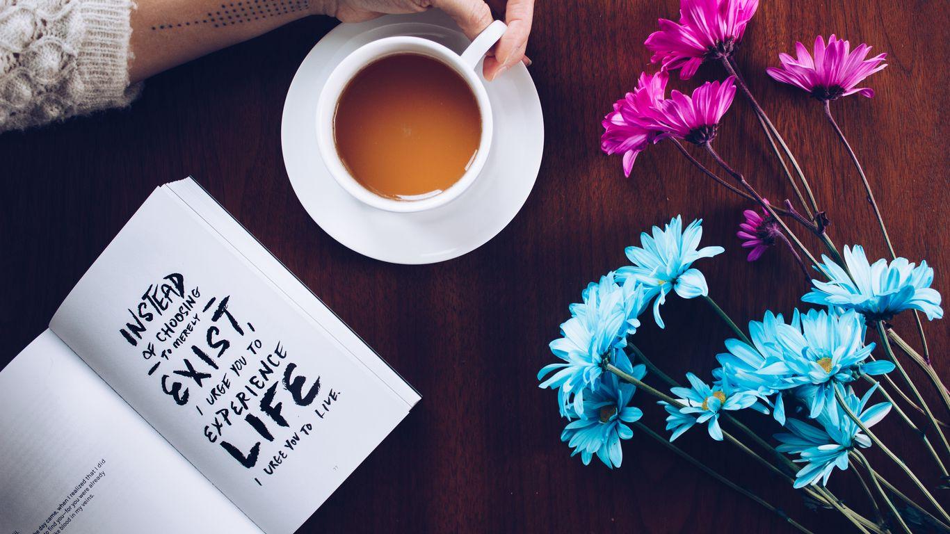 1366x768 Download wallpaper 1366x768 book, text, motivation, coffee, hand tablet, laptop HD background