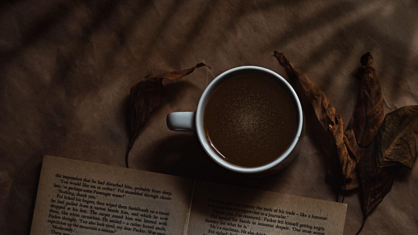 1366x768 Download wallpaper 1366x768 coffee, cup, book, headphones, text tablet, laptop HD background