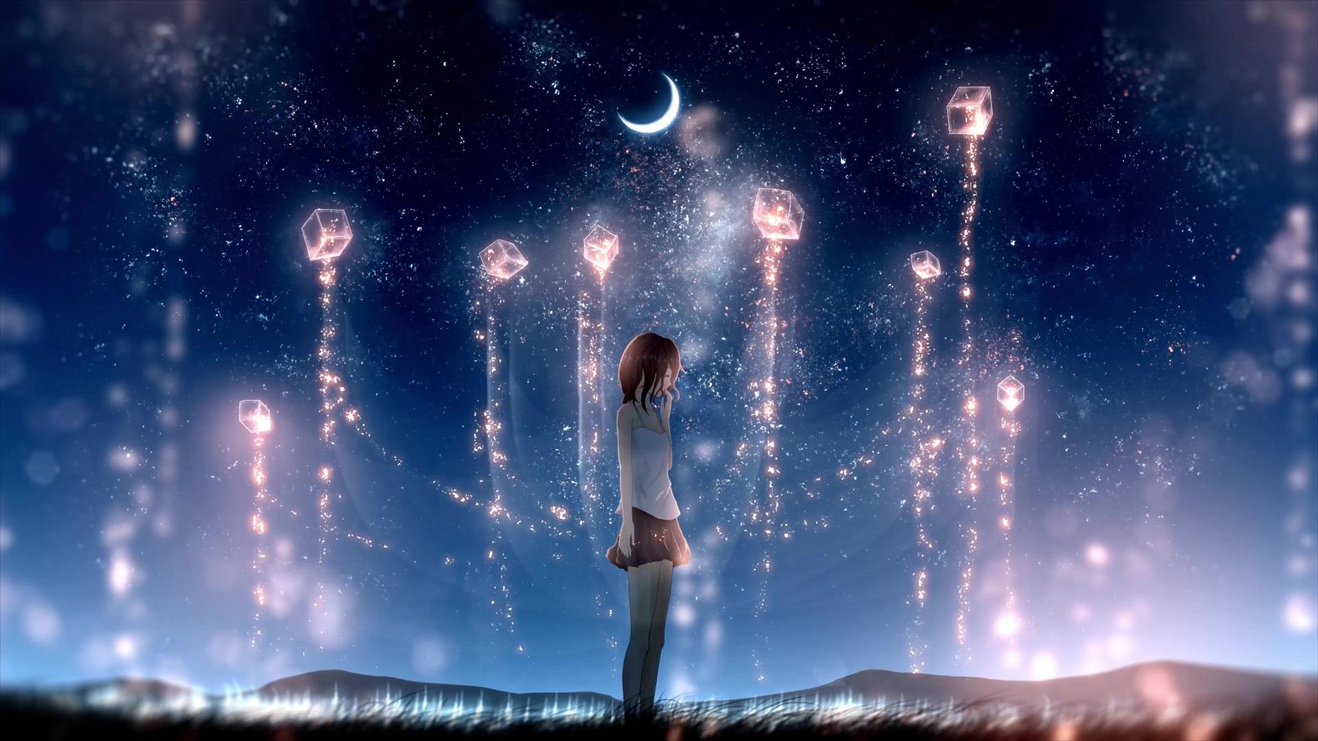 1920x1080 Anime Girl Standing Under The Starry Sky Live Wallpaper