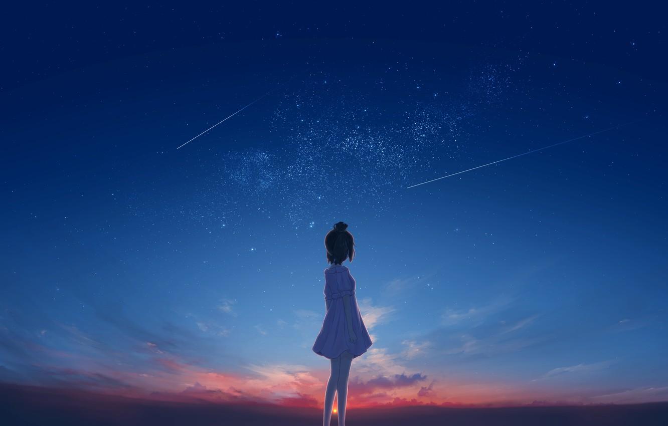 1332x850 Wallpaper sunset, girl, shooting stars image for desktop, section арт