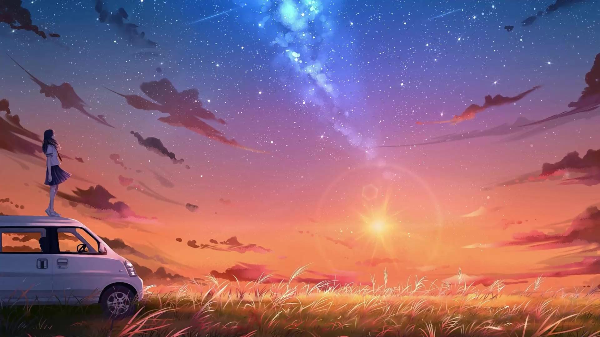 1920x1080 Anime Girl Standing On Car Enjoy Sunset View Live Wallpaper