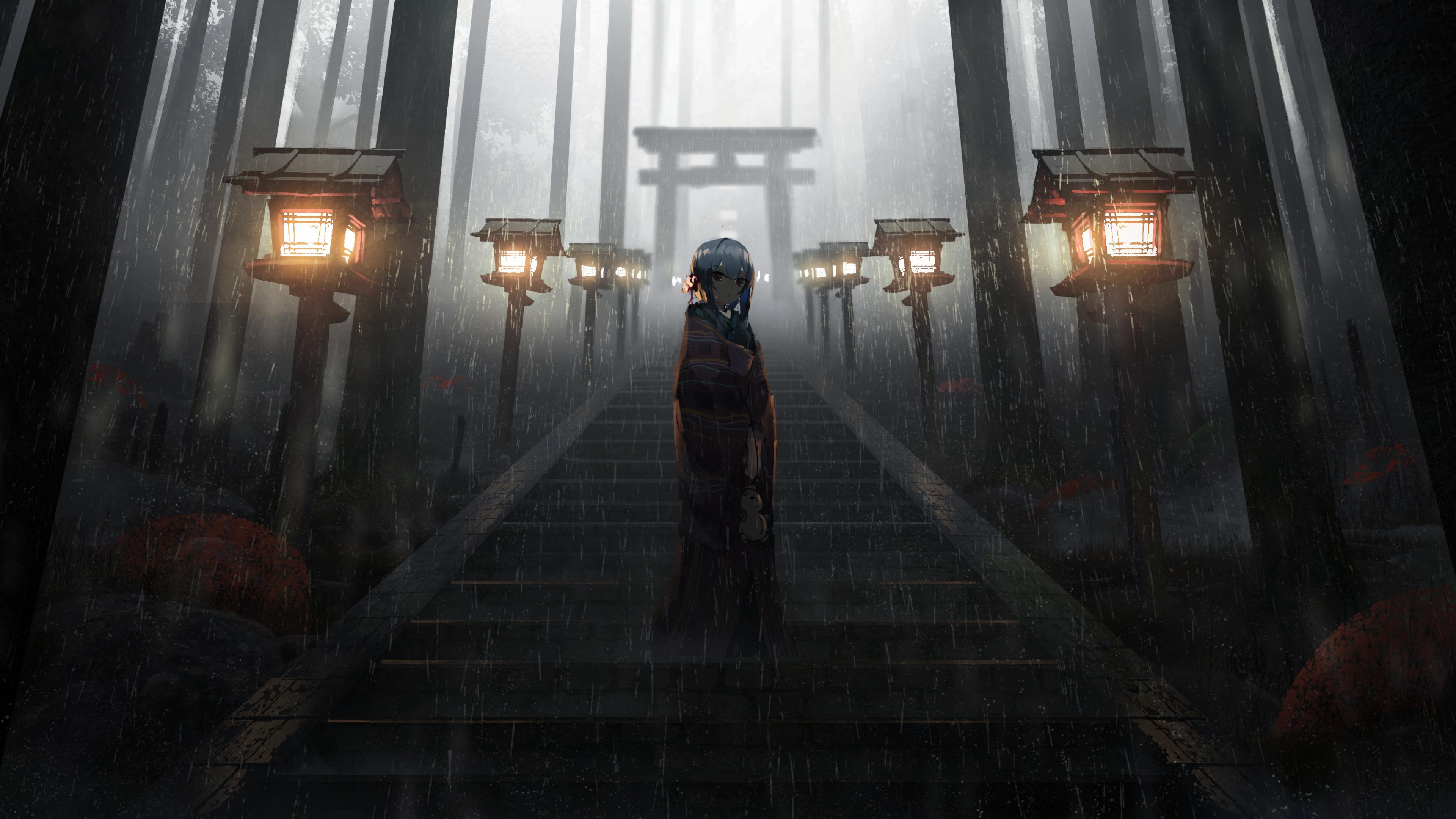 3840x2160 Anime Girl Standing in Rain inside Torii [3840x2160]