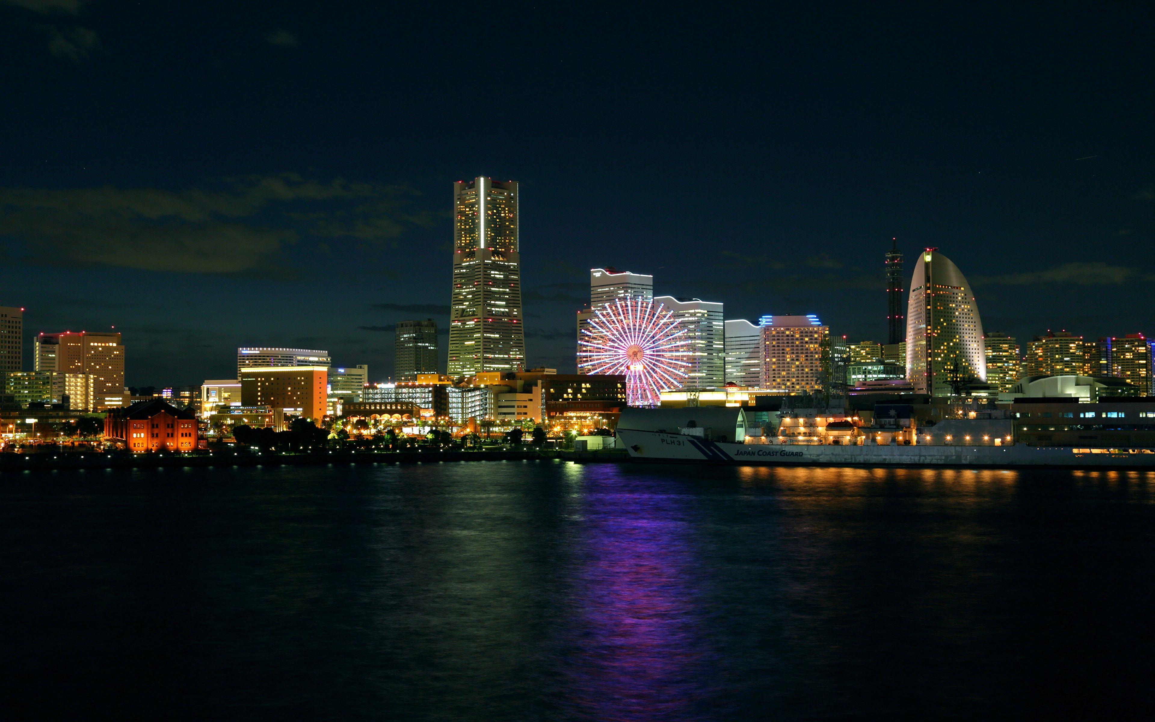 3840x2400 Wallpaper Japan Yokohama Night Coast Cities Building 3840x2400